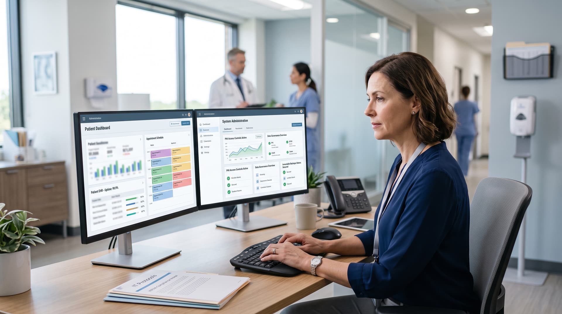 Modern healthcare clinic technology setup with dual monitors displaying secure medical workflow software.