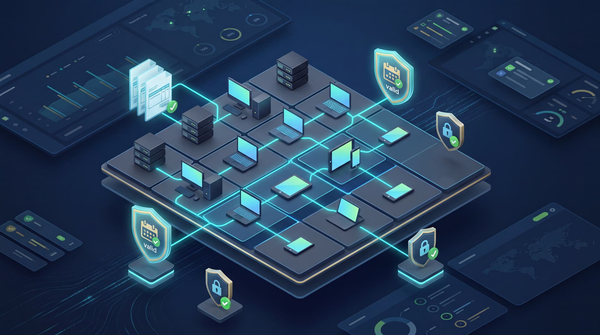 3D isometric grid showing IT assets linked to purchase records and security baselines.