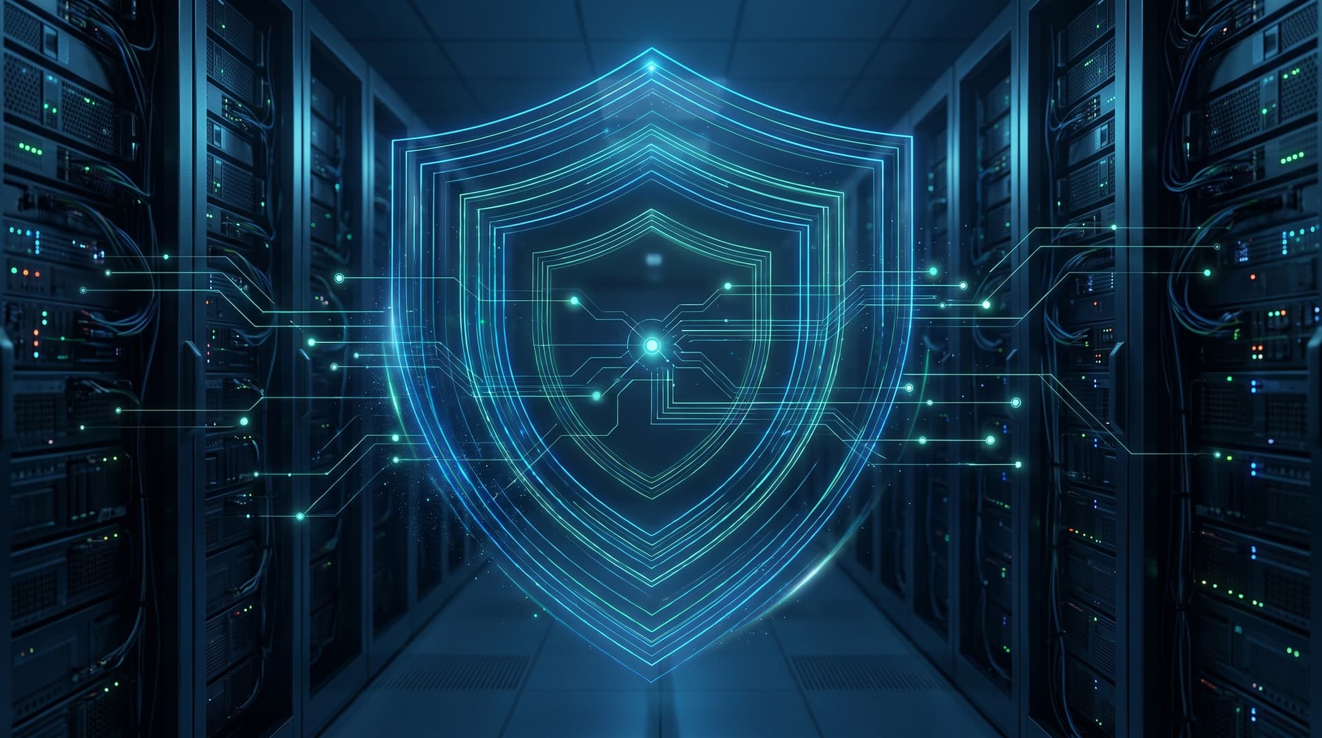 Abstract security operations graphic depicting concentric digital shields protecting interconnected network nodes.