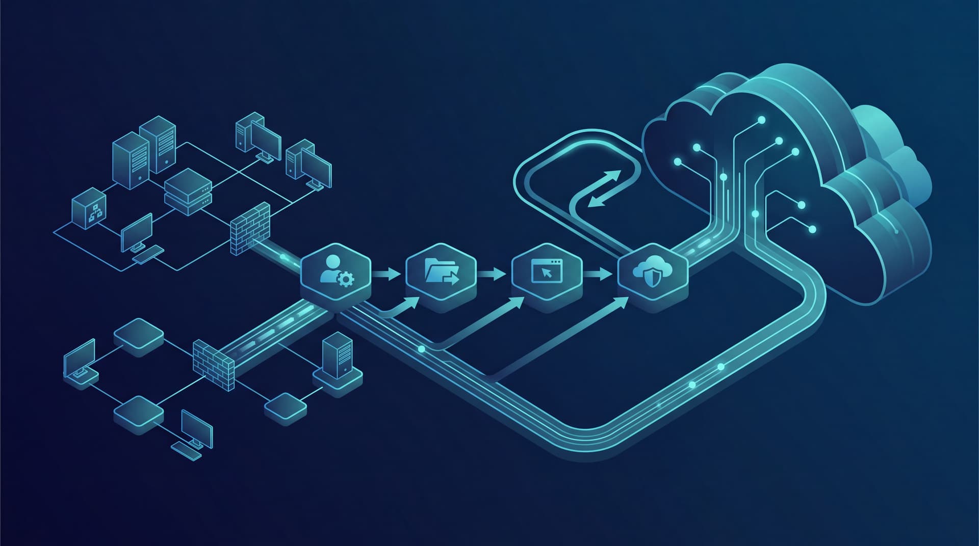 Abstract professional blue diagram illustrating cloud infrastructure and hybrid data synchronization.