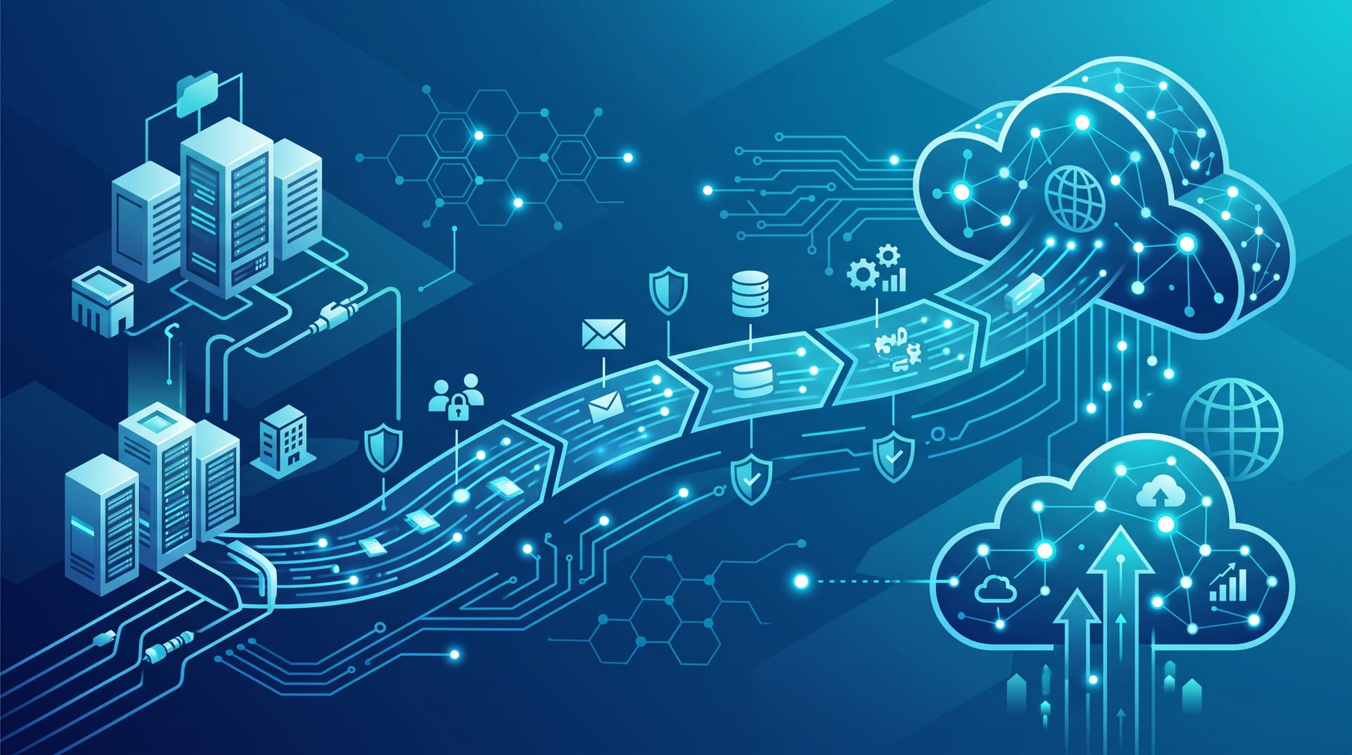 Abstract illustration of hybrid cloud network infrastructure with blue digital nodes and data flow paths.