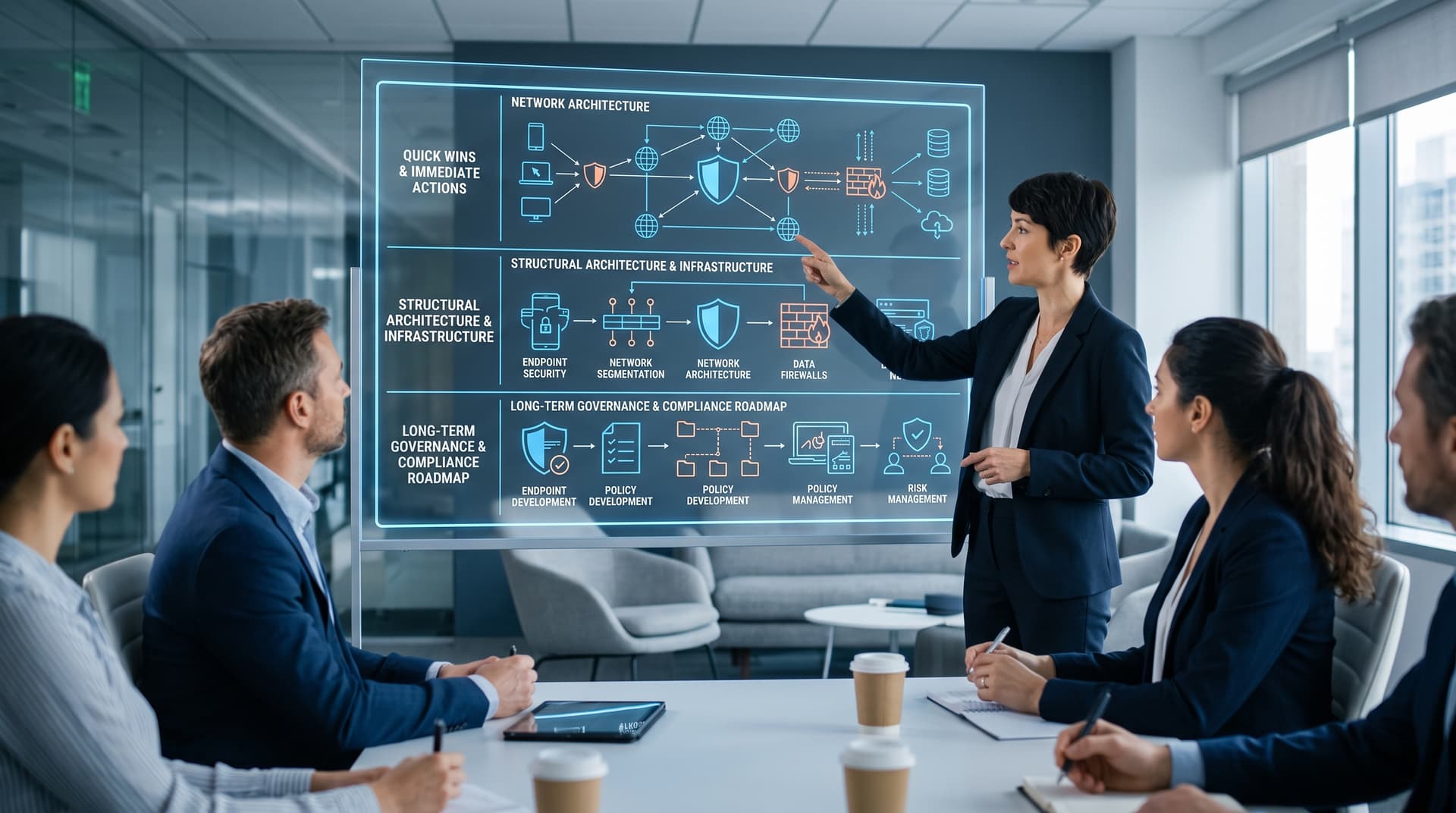 A security consulting workshop session displaying a three-tiered risk roadmap framework on an illuminated board.