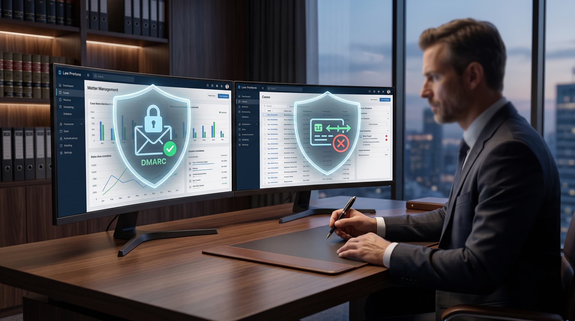 Contemporary law office featuring dual monitors displaying secure matter management software and email security indicators.