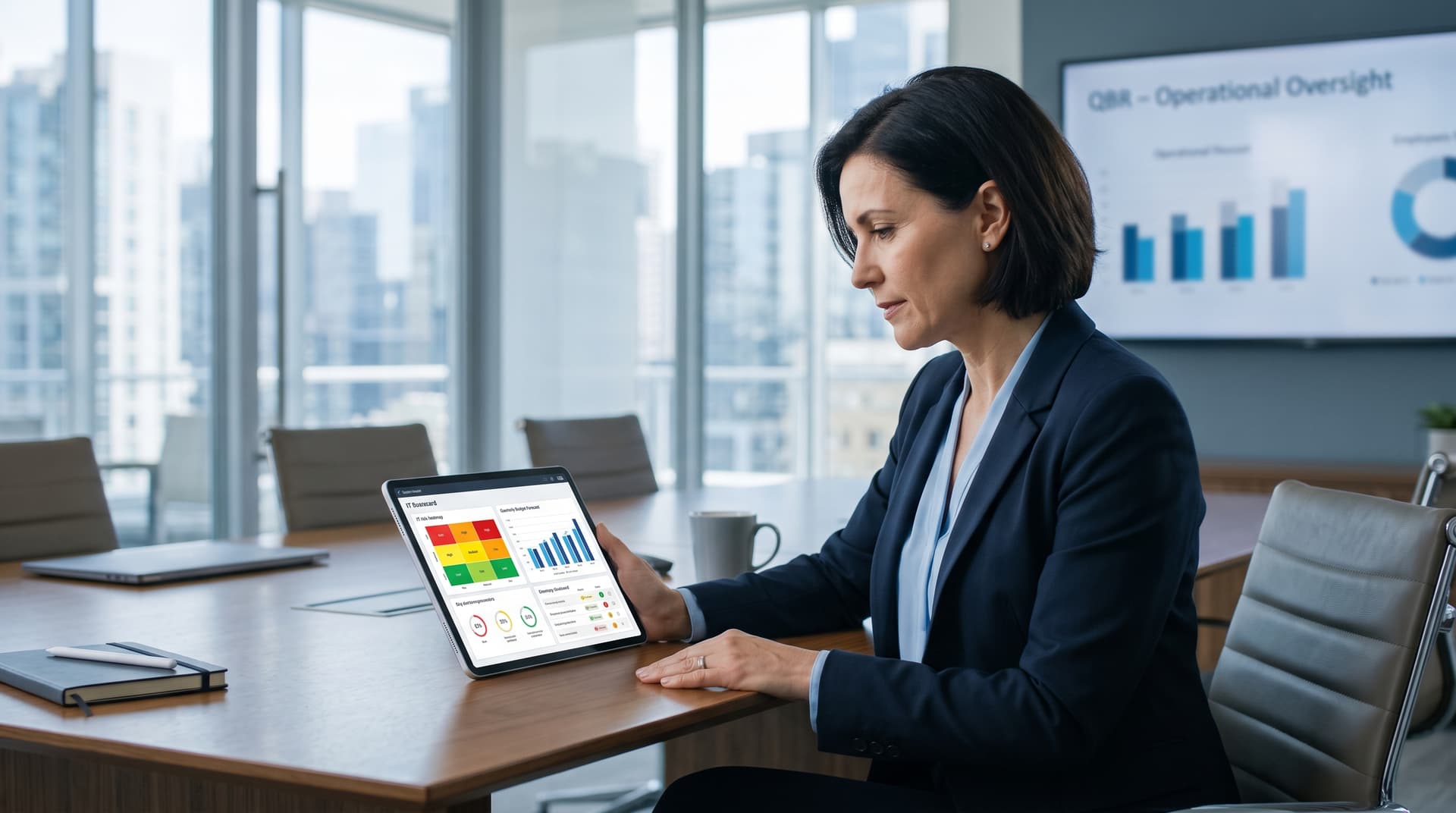 Executive reviewing an IT governance scorecard and quarterly financial forecast on a digital display.