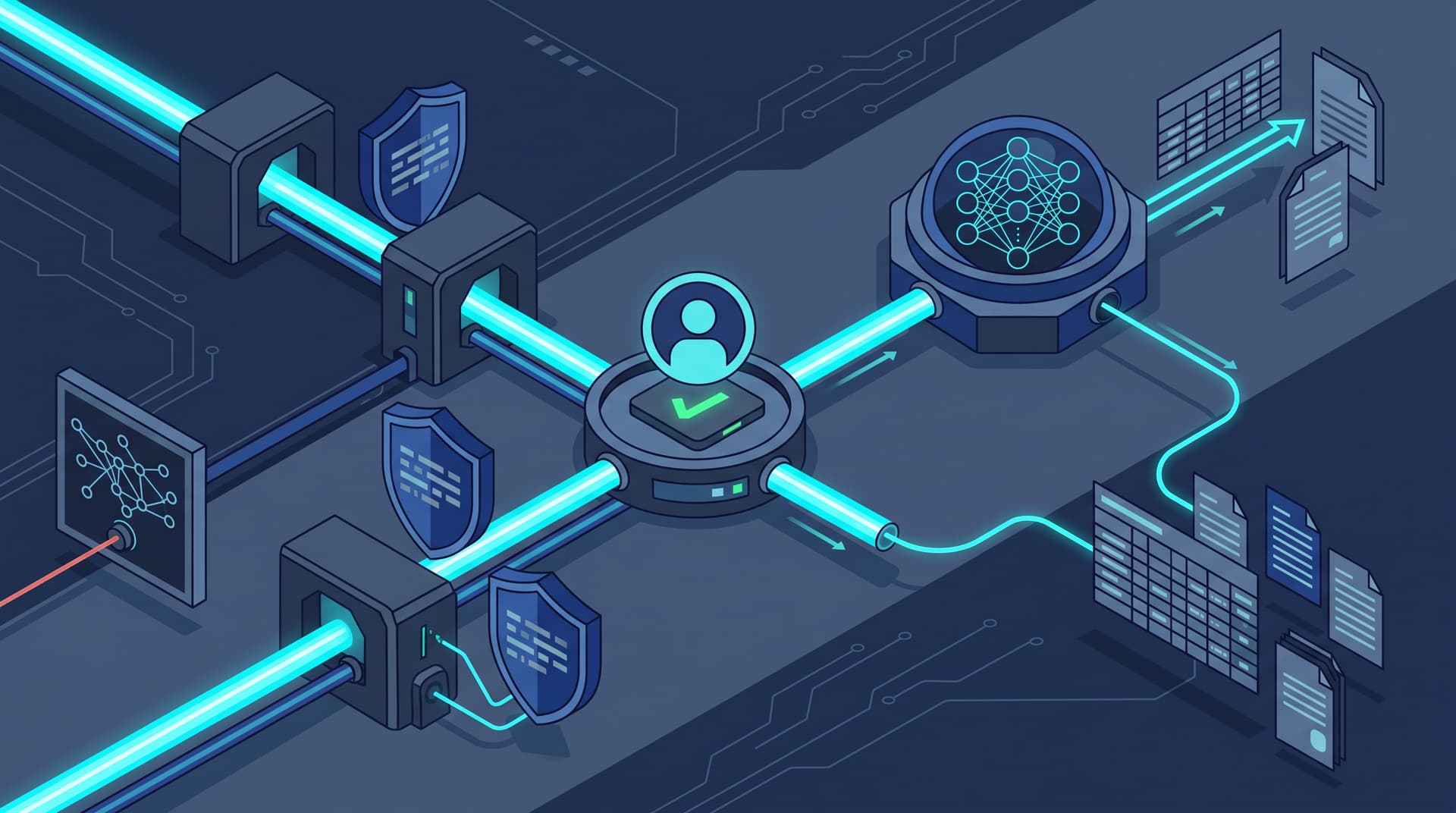 Conceptual diagram of a secure, governed AI workflow integration showing data boundary shields and human approval checkpoints.