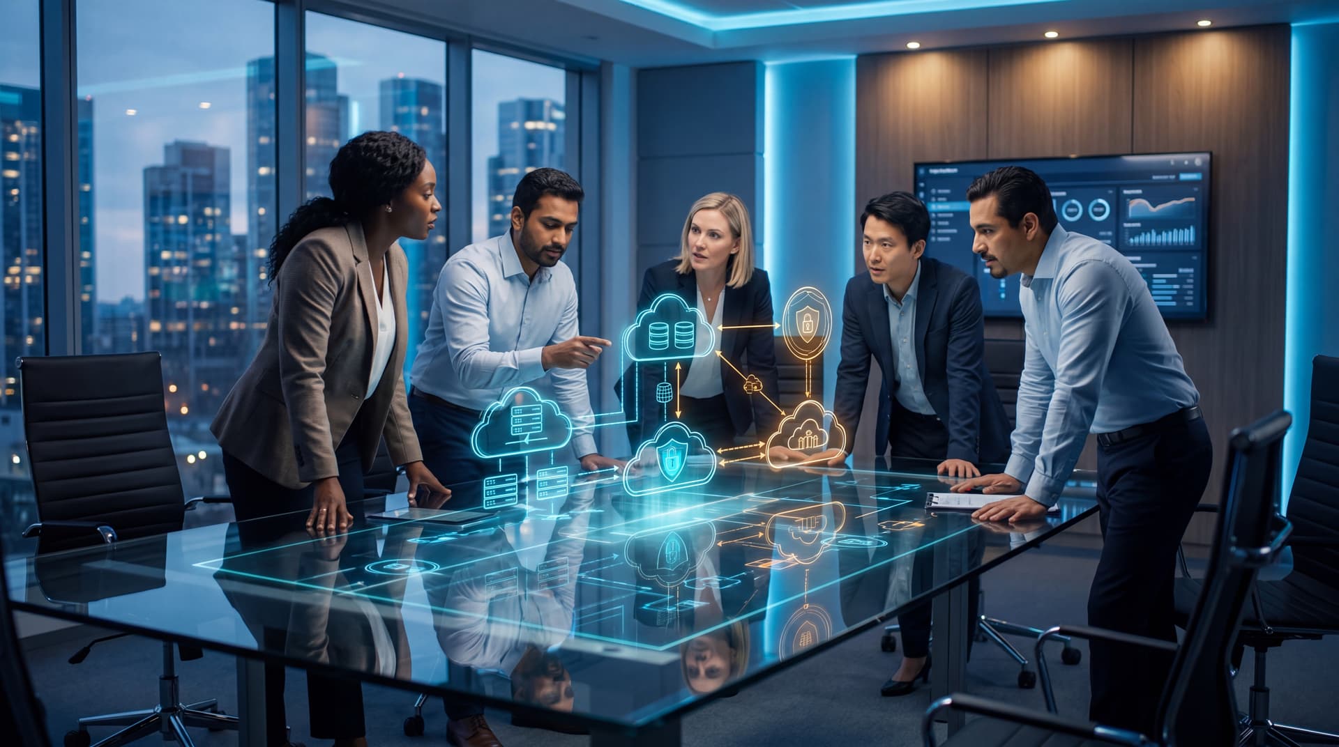 IT professionals and business leaders discussing cloud architecture in a modern boardroom.