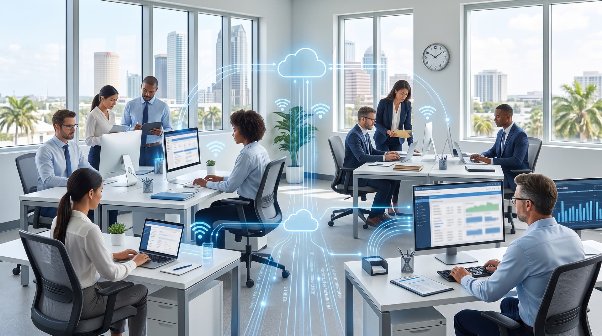Modern SMB office environment with professionals working quietly at workstations during peak operating hours.