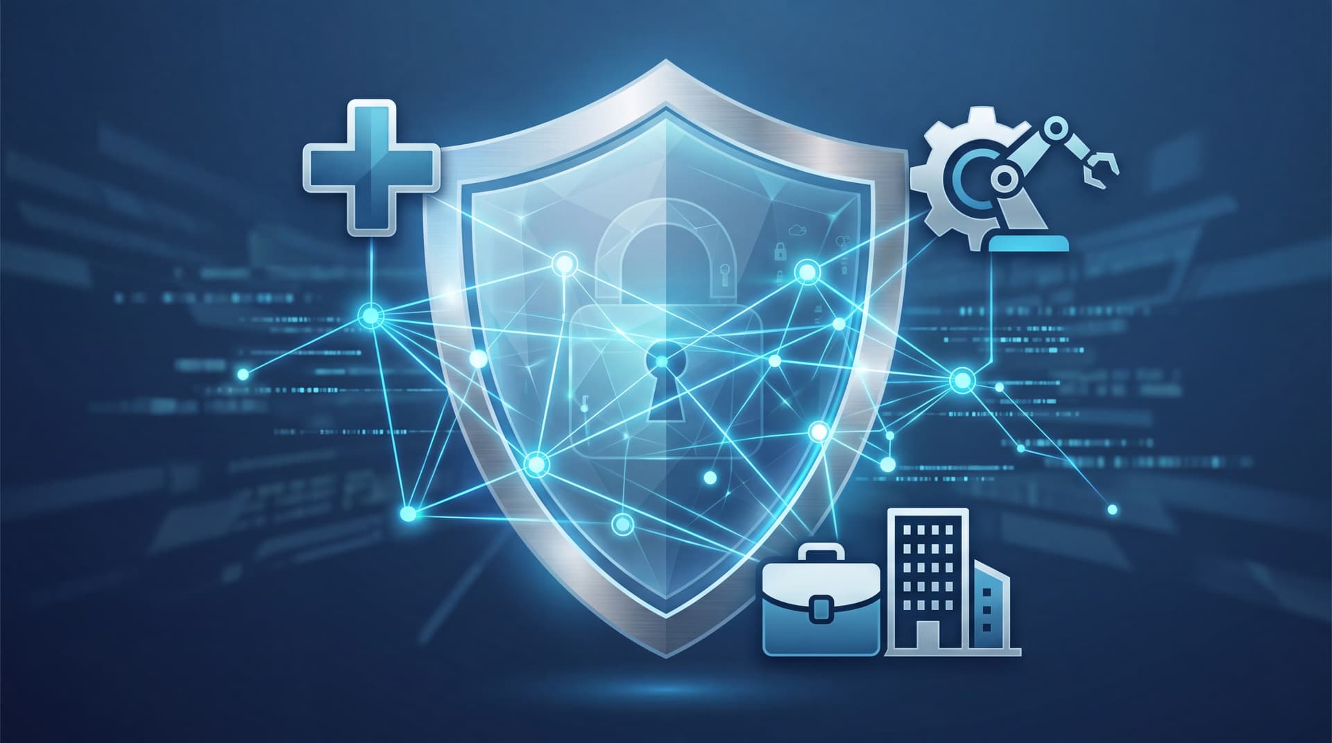 Conceptual illustration of AI workflows connecting healthcare, manufacturing, and professional services under a secure digital shield.
