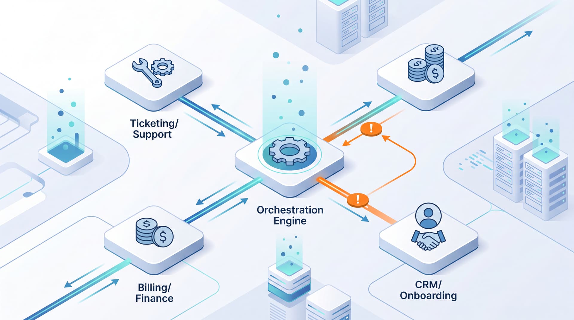 Isometric graphic showing interconnected data nodes representing API workflow automation across business systems.