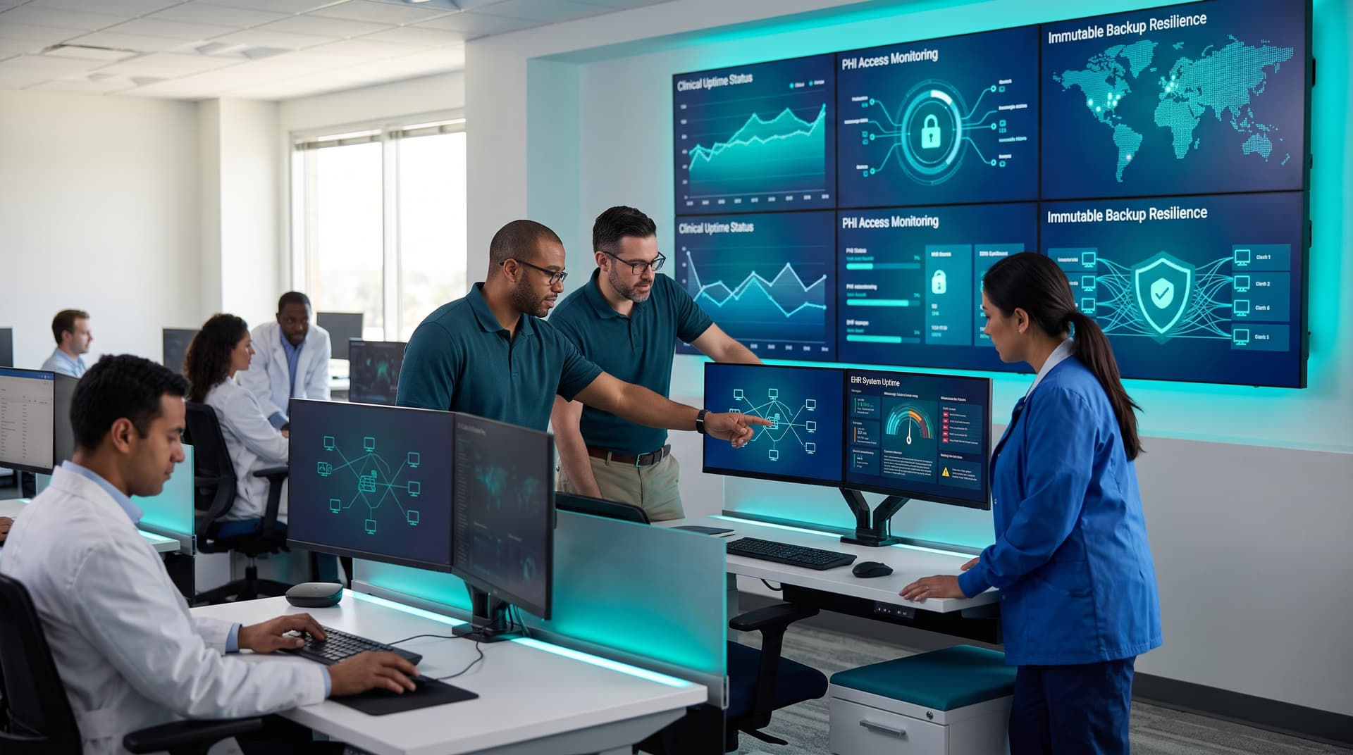 Modern medical clinic technology environment showing network monitoring screens and clinical workstations.