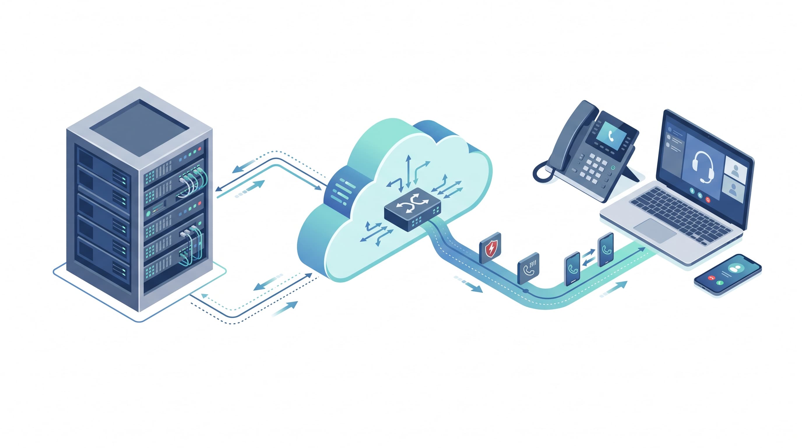 Illustration of a hybrid voice communications architecture connecting cloud and on-premises phone systems.