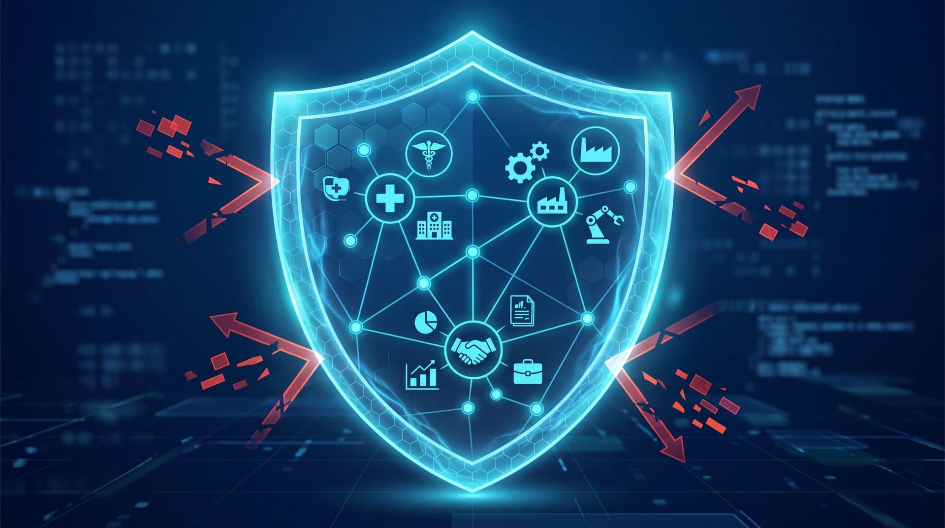 Digital shield protecting business network nodes against cyber threats.
