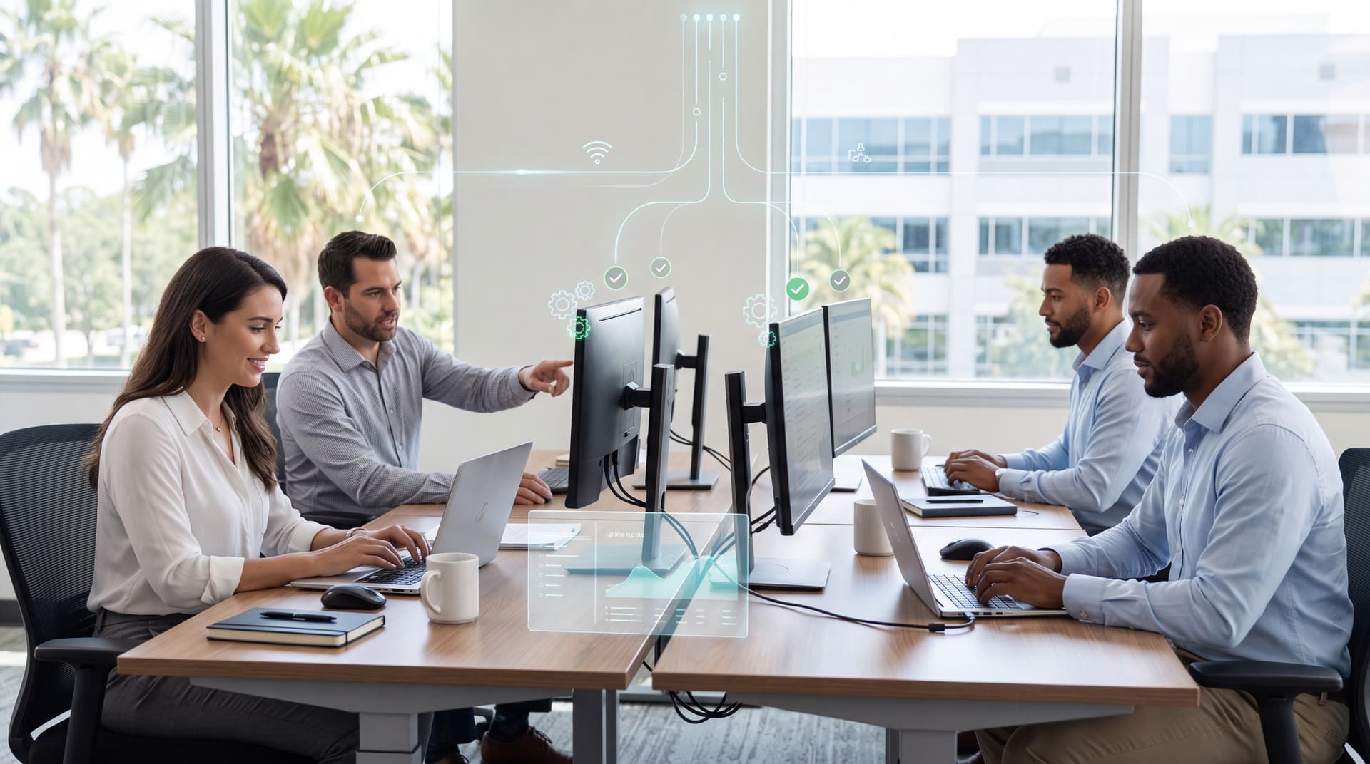 Modern office environment with subtle digital overlays representing stable IT infrastructure