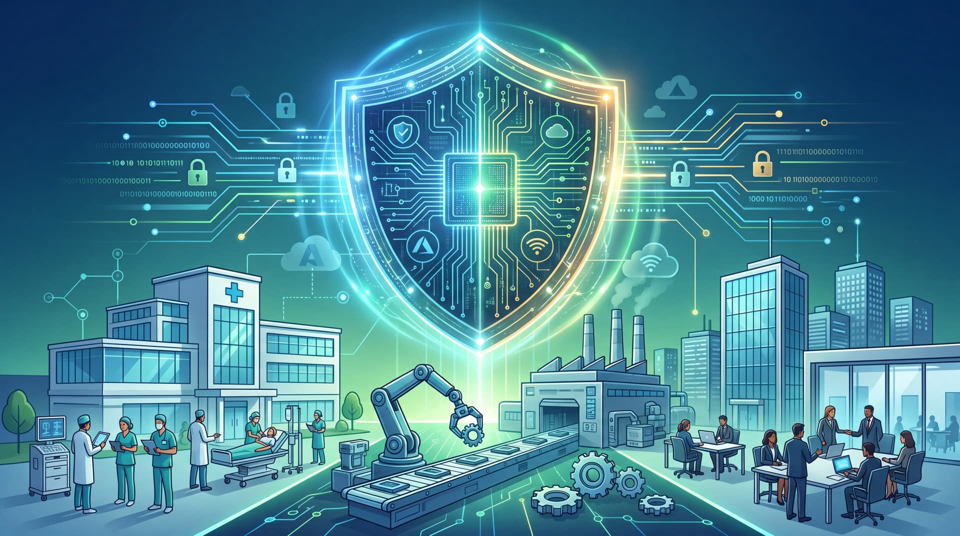 Conceptual illustration of a digital shield protecting healthcare, manufacturing, and professional business assets.