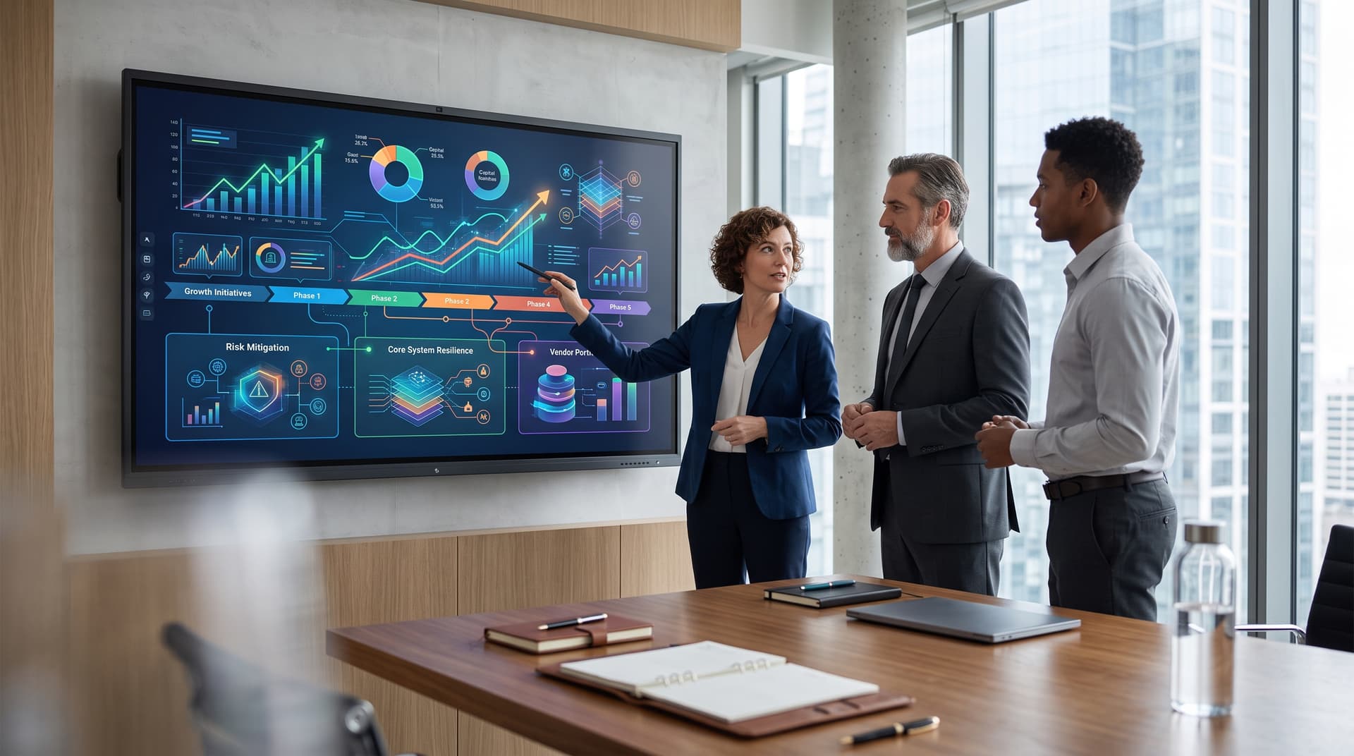 Executive team reviewing a technology roadmap and capital allocation model on a boardroom screen.
