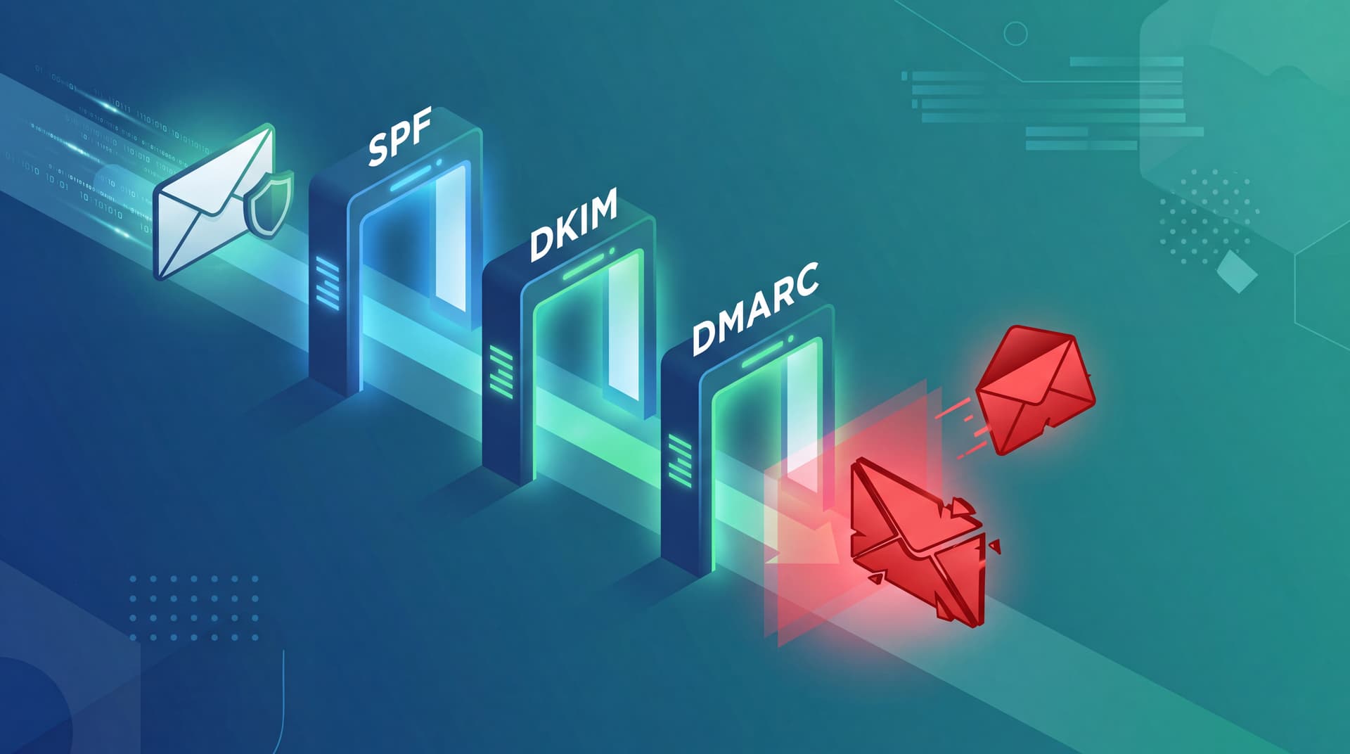 Diagram showing a secure email passing through SPF, DKIM, and DMARC checkpoints while blocking a spoofed message.