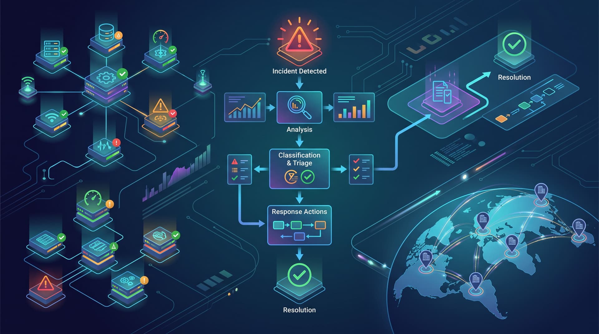 Conceptual vector artwork illustrating a modern network operations center dashboard with incident triage workflows and system status metrics.