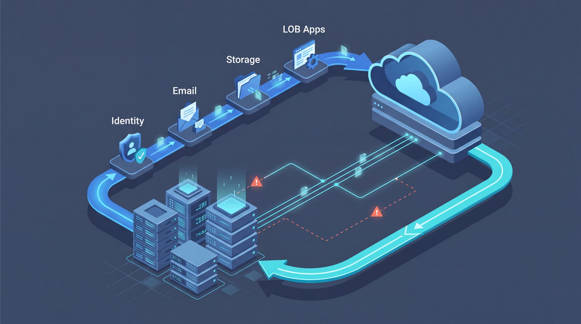 Abstract isometric illustration of hybrid cloud network infrastructure with connected node pathways in professional blue tones.