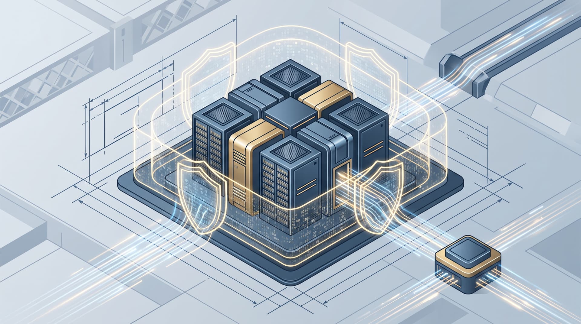Conceptual 3D visualization of a secure defense IT enclave architecture with cryptographic boundary shields and log telemetry streams.