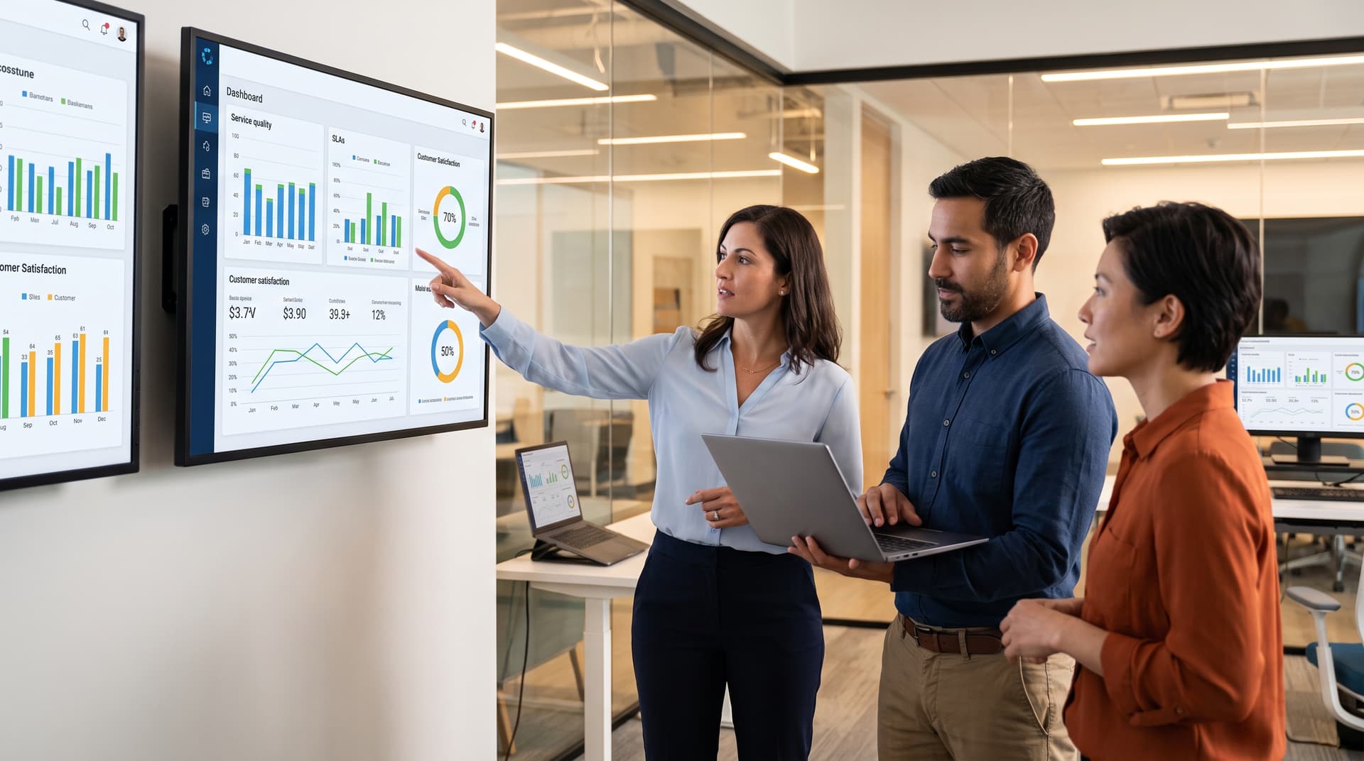 IT support team members collaborating in a modern office environment with status dashboards displayed on screens.