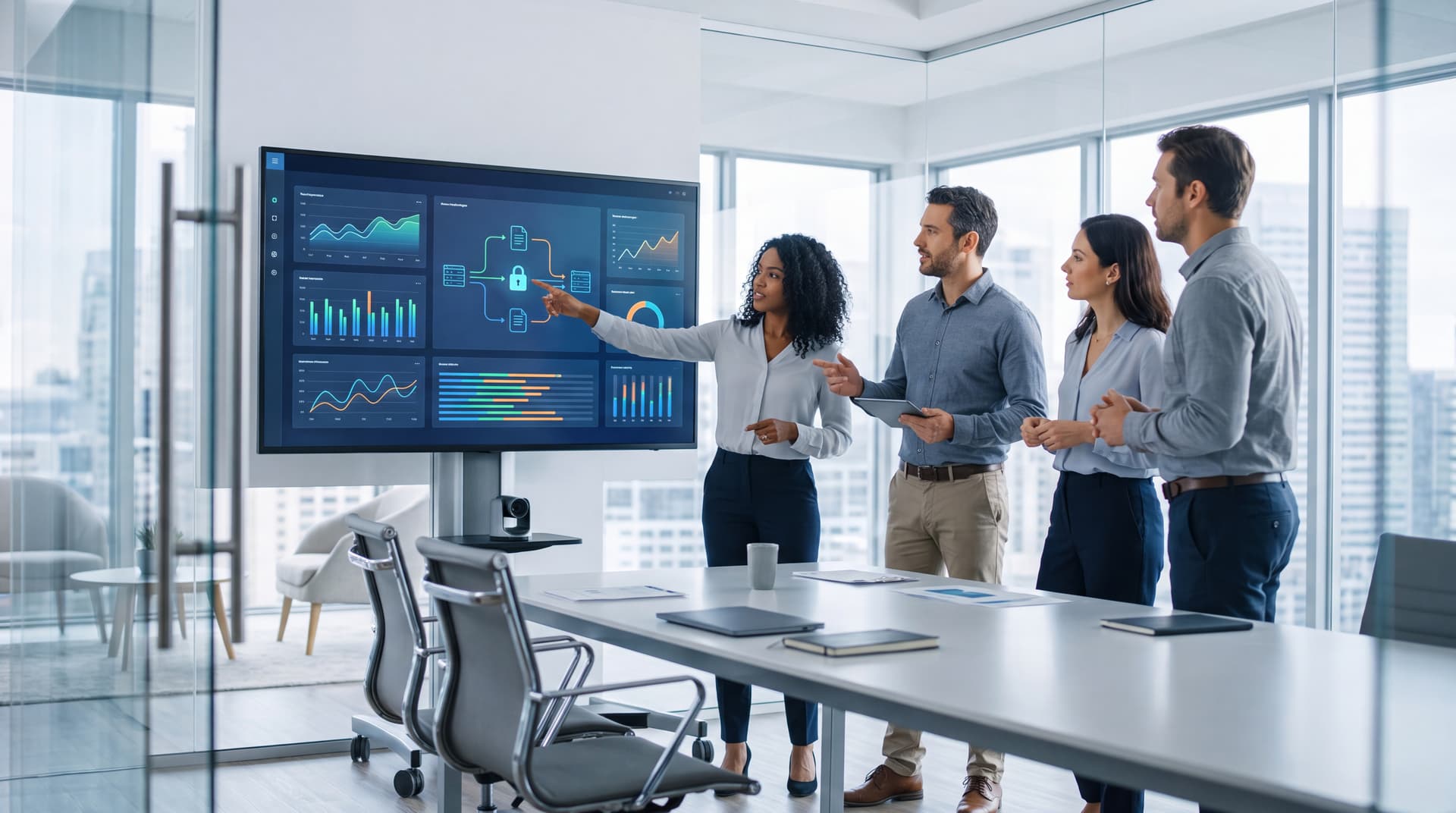 Technology decision makers analyzing digital transformation data on a modern screen.