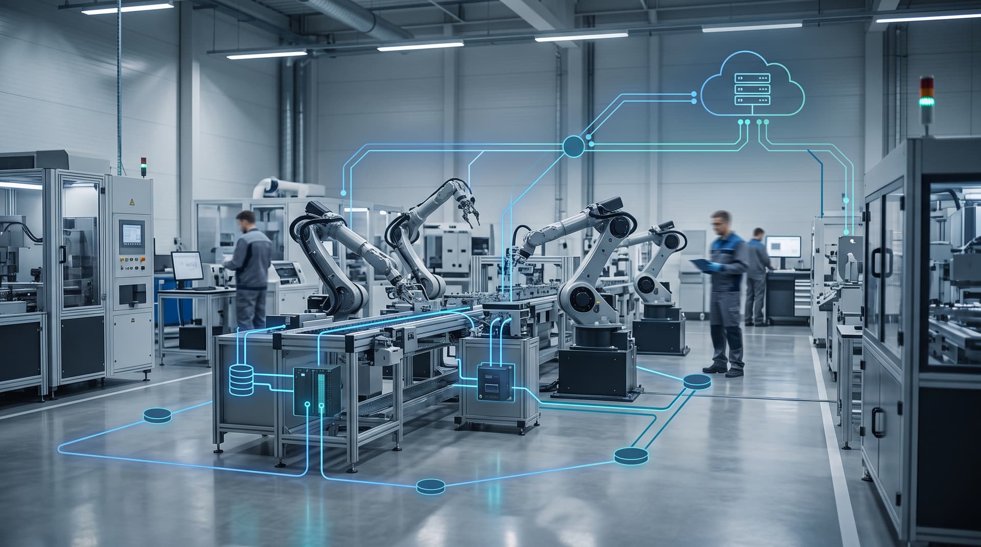 Modern automated manufacturing floor depicting secure connectivity between plant equipment and enterprise ERP systems.