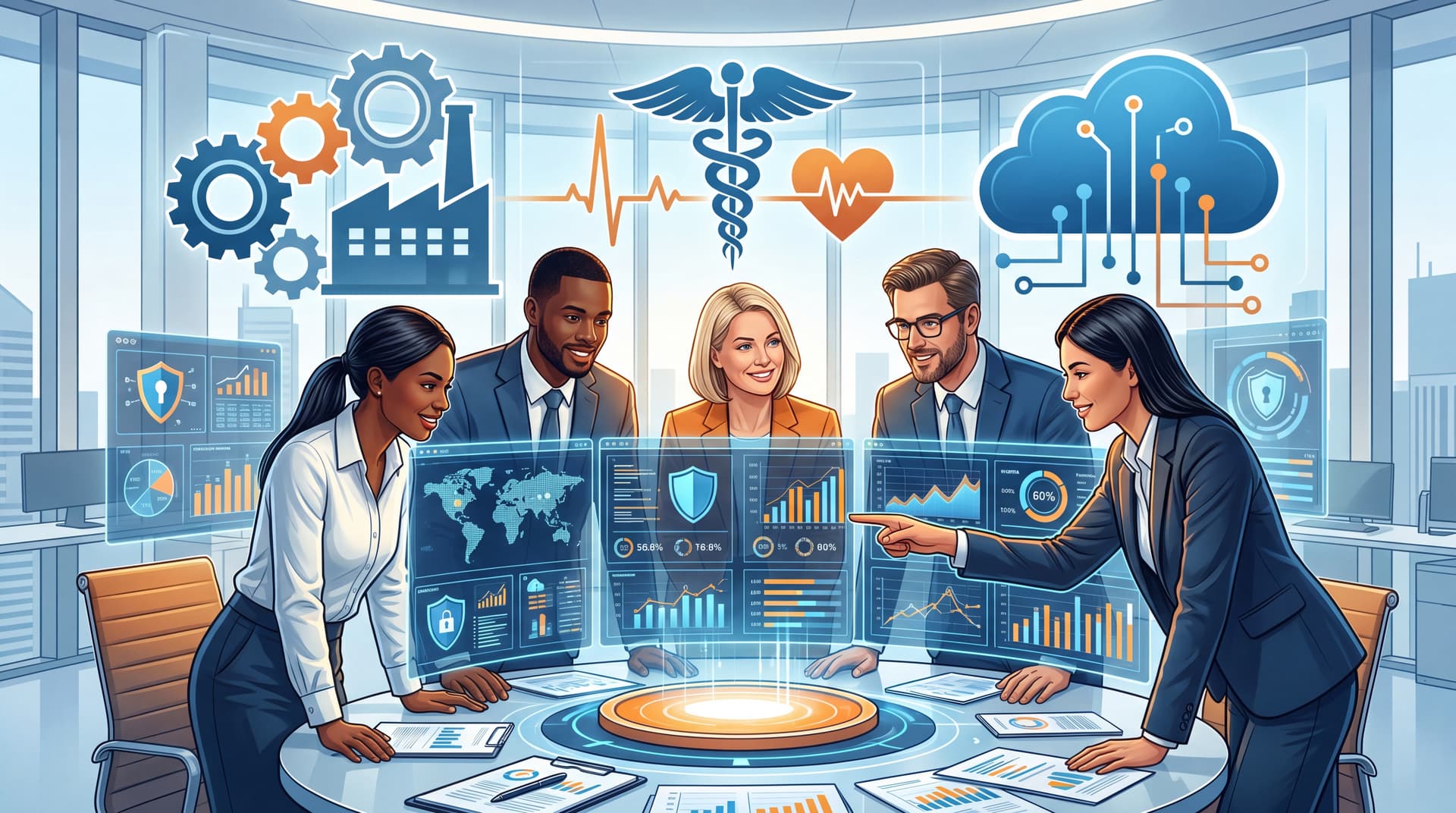 Diverse team of professionals analyzing digital dashboards representing cloud, healthcare, and manufacturing data.