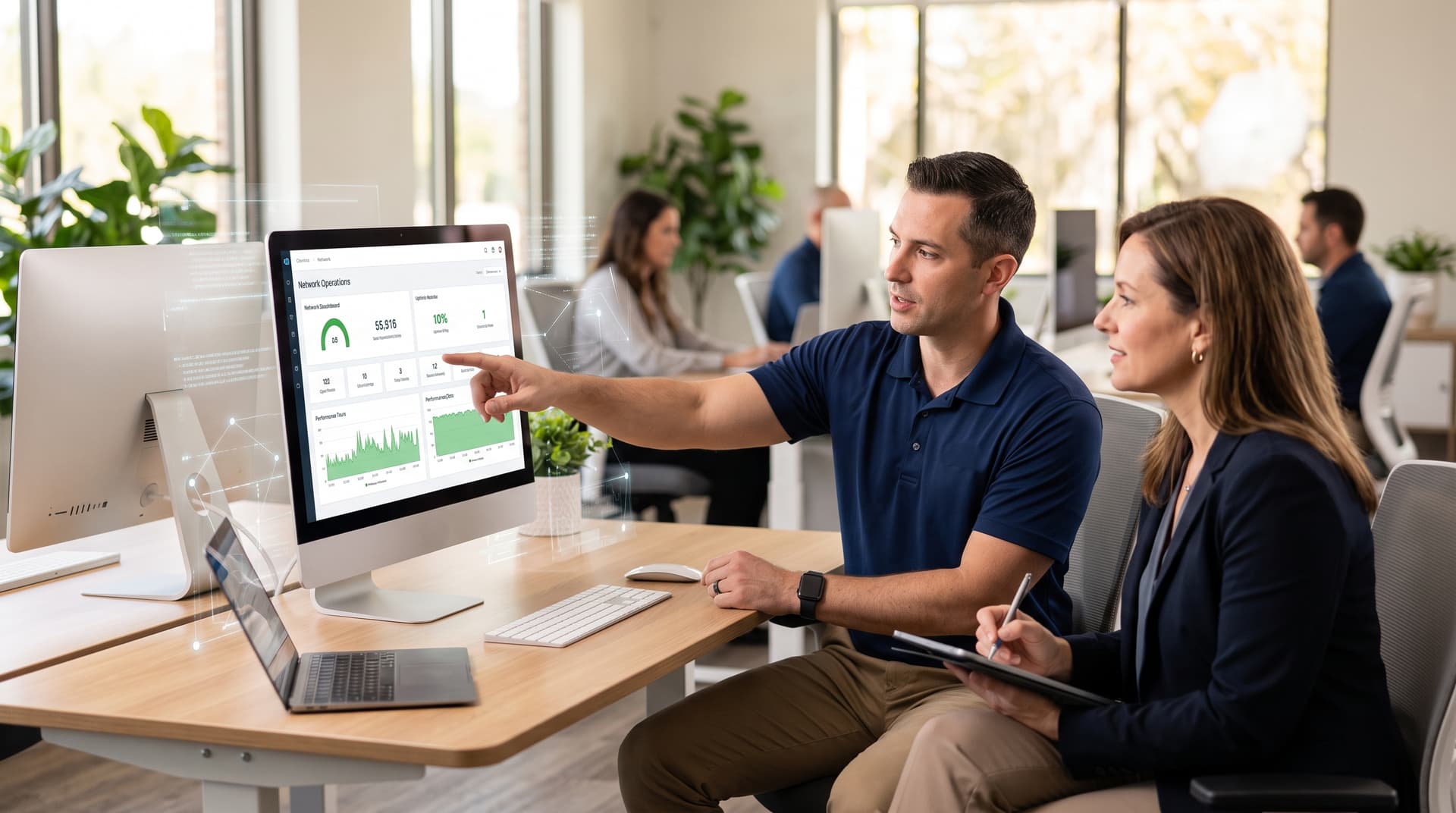 Modern, quiet office environment with professionals monitoring operational systems on clean desktop workstations.