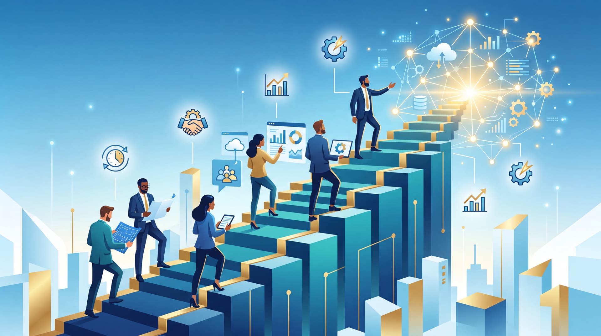 Illustration of a step-by-step staircase representing a phased business modernization journey.