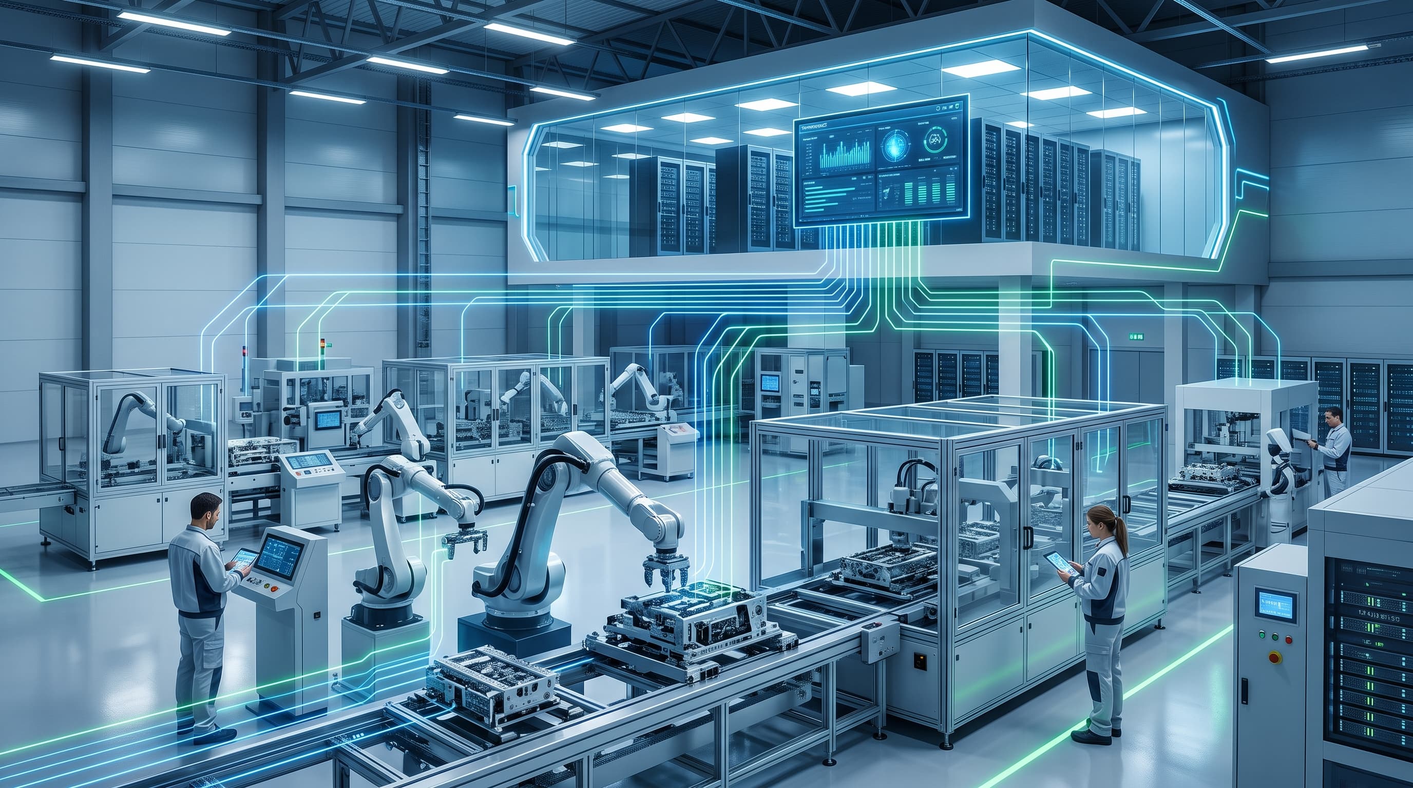 Modern automated manufacturing floor with visual representation of secure network connectivity.