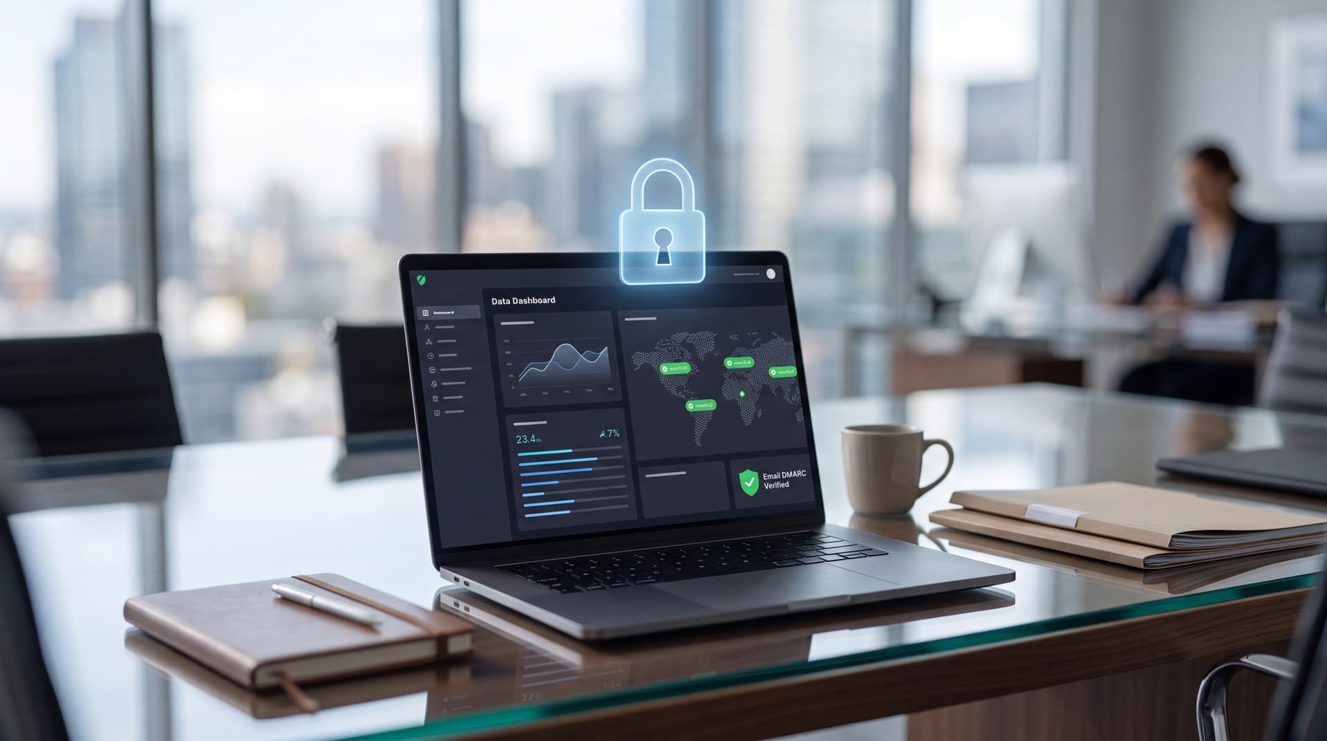 A secure laptop on a glass conference table in a modern law firm, illustrating legal technology and data protection.