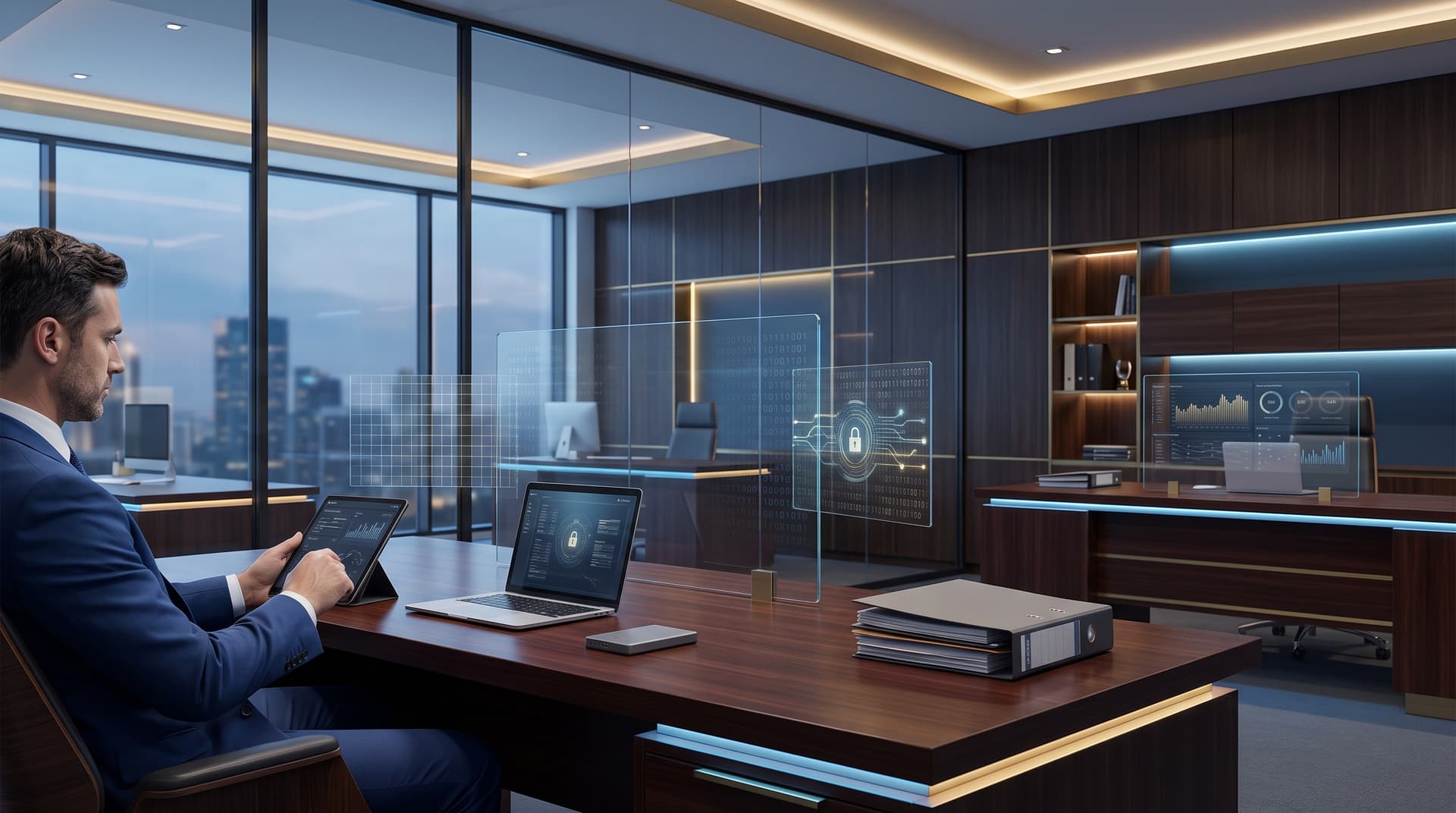 Modern financial advisory office environment with secure digital infrastructure motifs