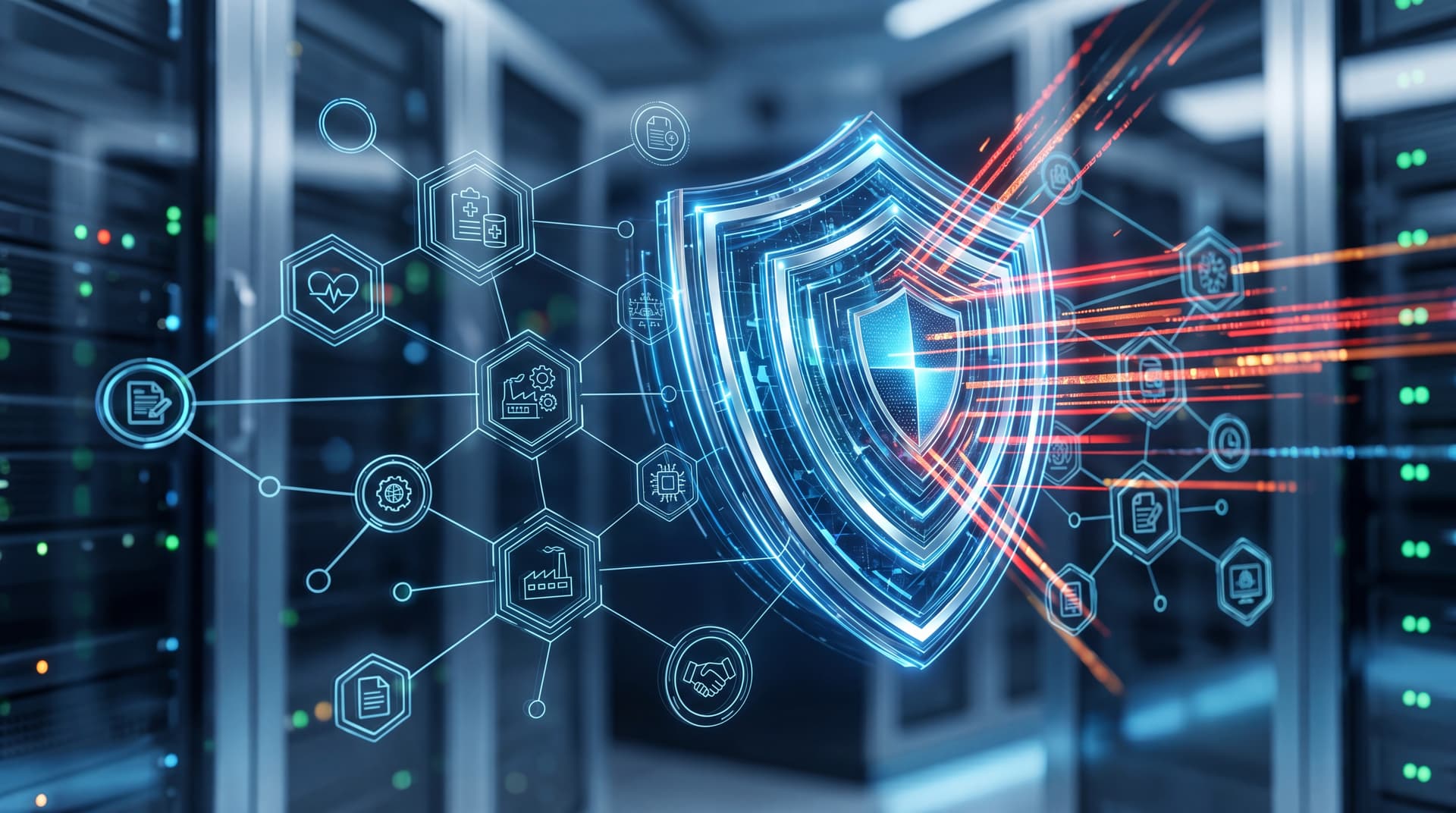Glowing digital shield protecting a business network of interconnected nodes.