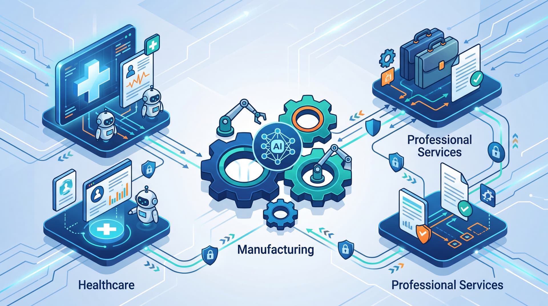 Abstract digital illustration of AI workflows connecting healthcare, manufacturing, and professional services.