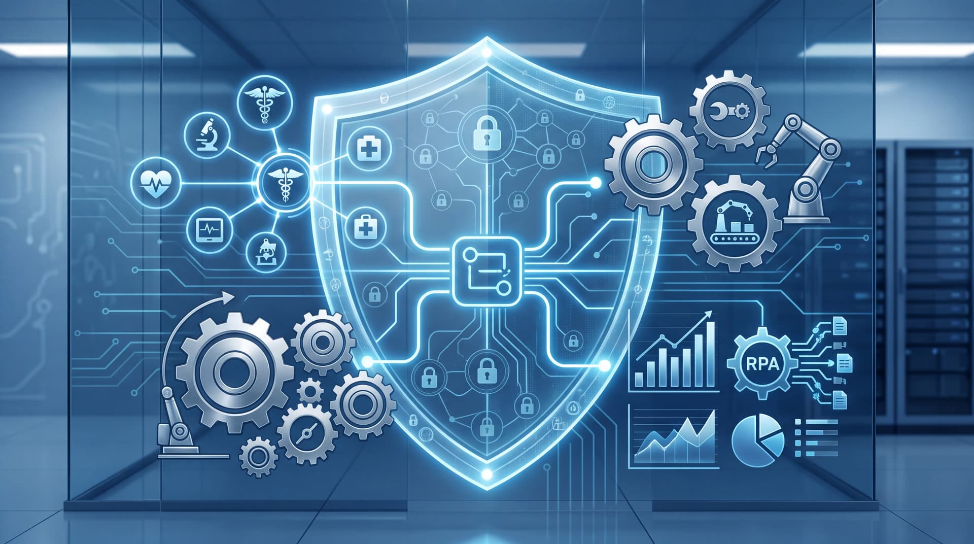 Digital workflow integrating healthcare and manufacturing symbols protected by a glowing security shield.