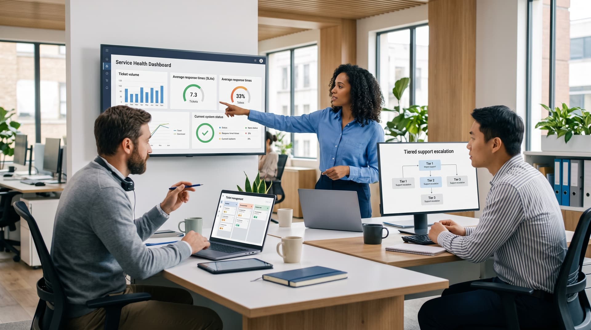 A collaborative IT support team working together in a bright, modern office space reviewing service desk metrics.
