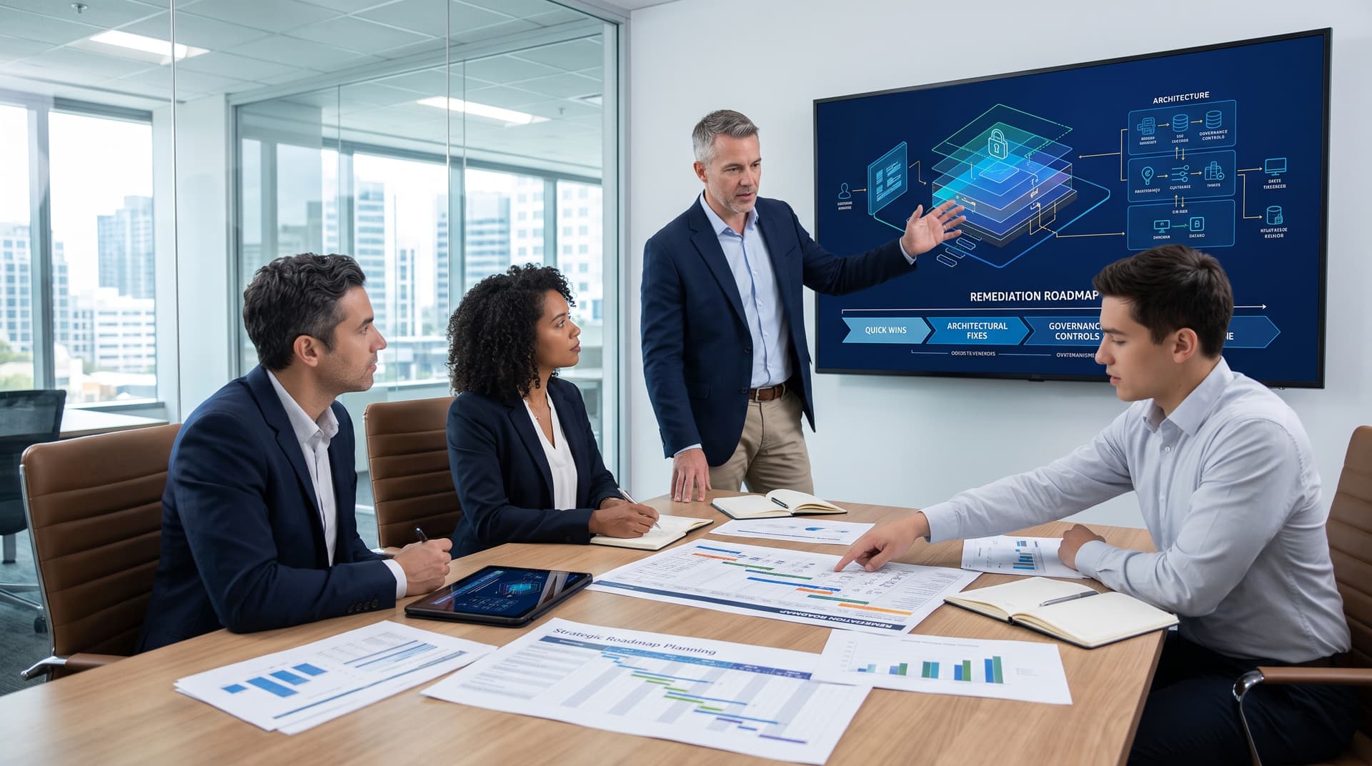 Security consultants reviewing a risk assessment roadmap and governance framework on digital displays during an advisory meeting.