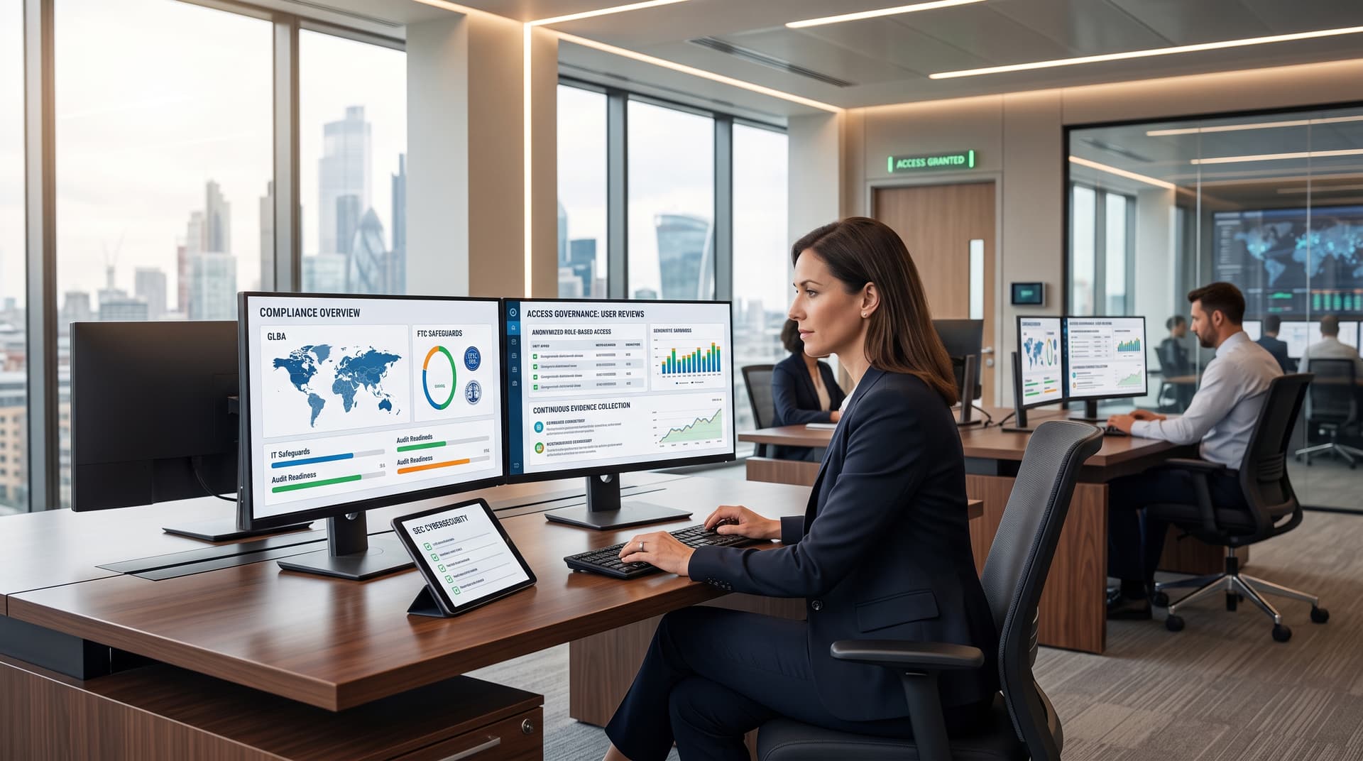 A modern financial advisory office setup with double monitors displaying security compliance dashboards.