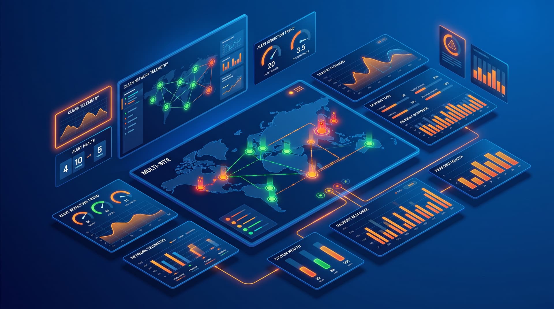 Isometric 3D concept artwork representing an IT operations monitoring dashboard with multi-site network status nodes and alert metrics.