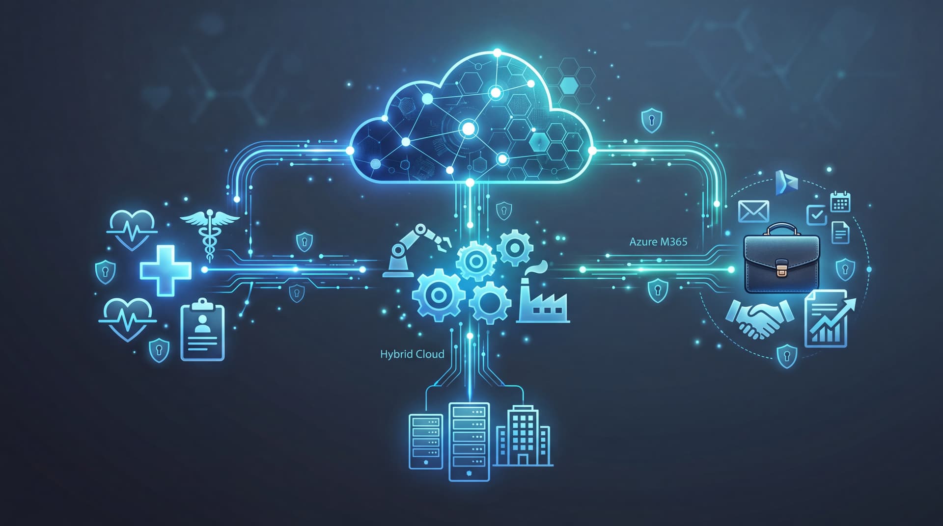 Digital cloud network connecting healthcare, manufacturing, and professional service symbols.