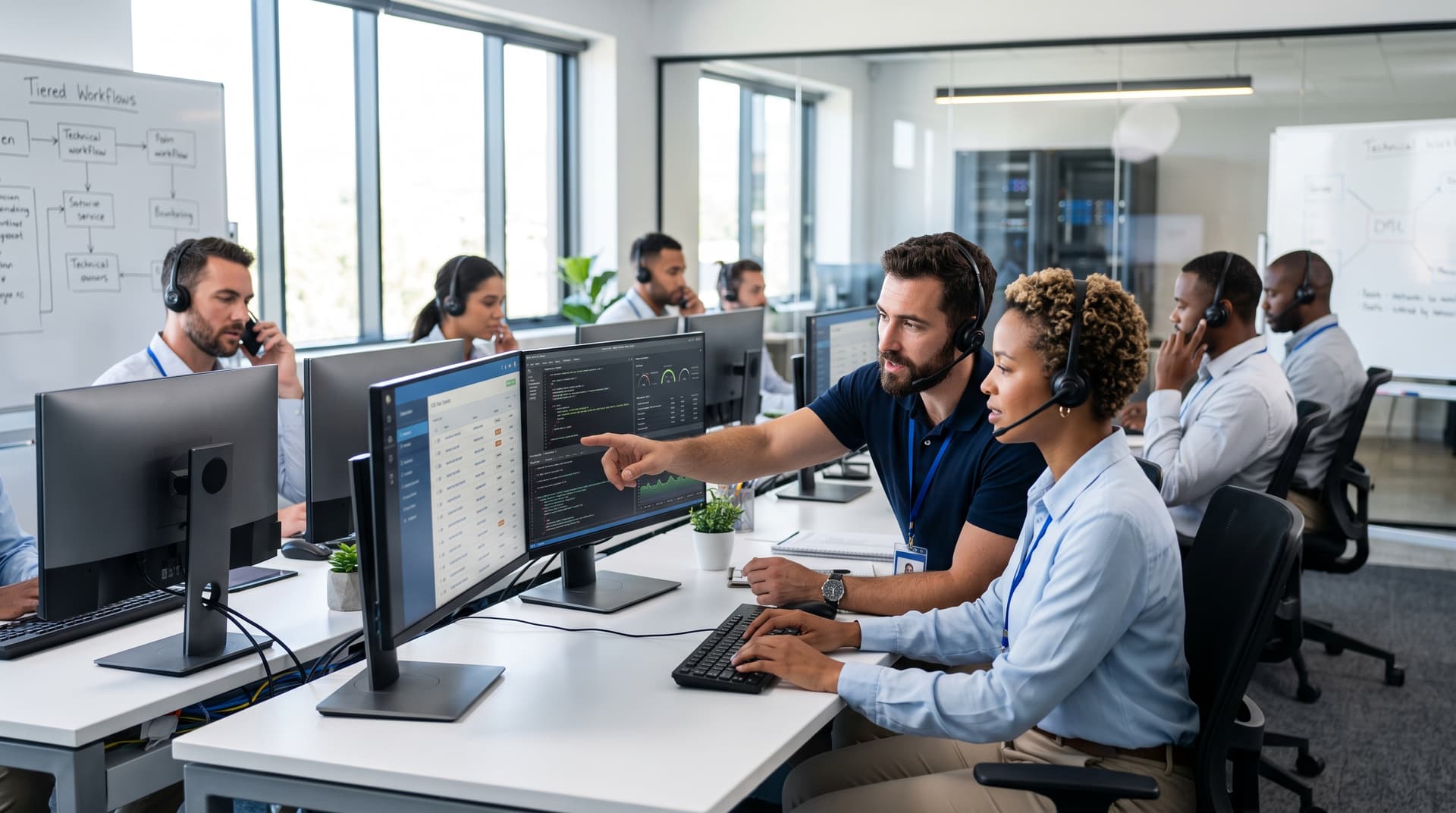 IT support team members collaborating at modern workstations to assist hybrid users