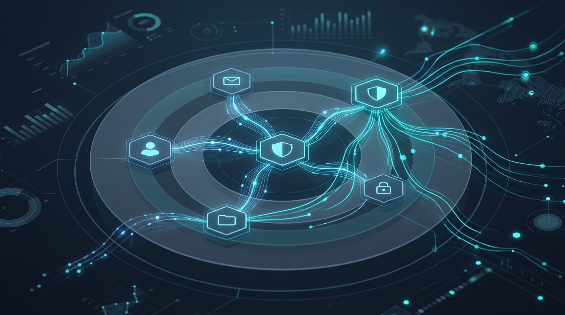 Dark professional security operations abstract visualization showing interconnected layers of defense and threat monitoring interface.