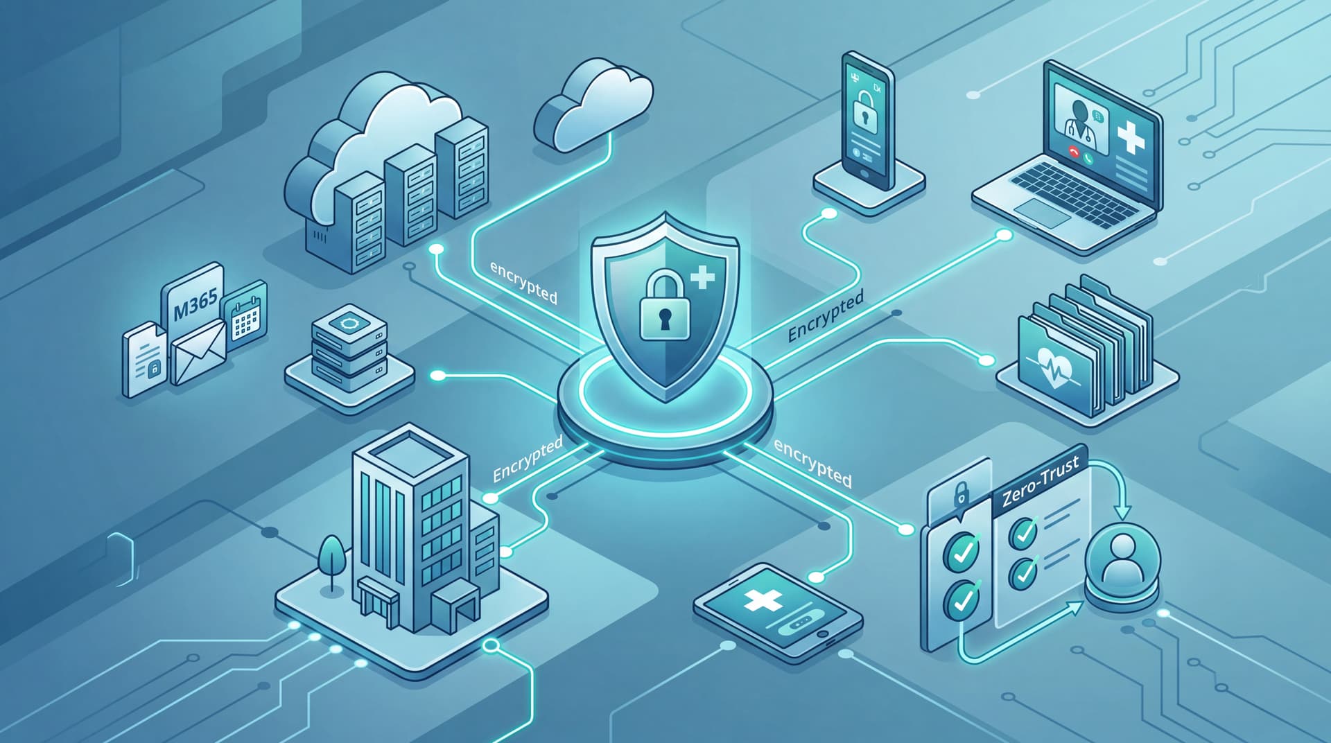A conceptual digital illustration of a secure healthcare IT network with cloud servers and security shields.