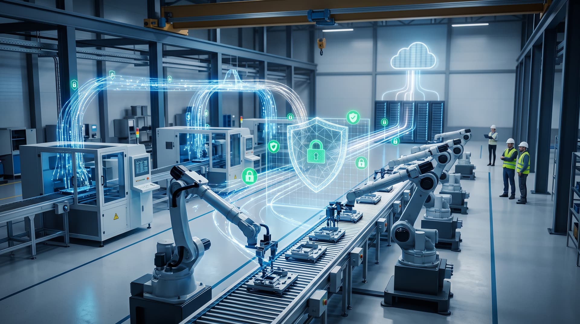A modern automated manufacturing floor with visual network data overlays depicting secure IT and OT system integration.