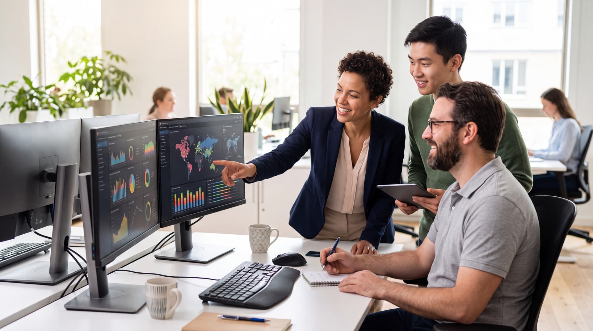 IT support professionals collaborating at a modern workstation, representing a high-quality service desk.