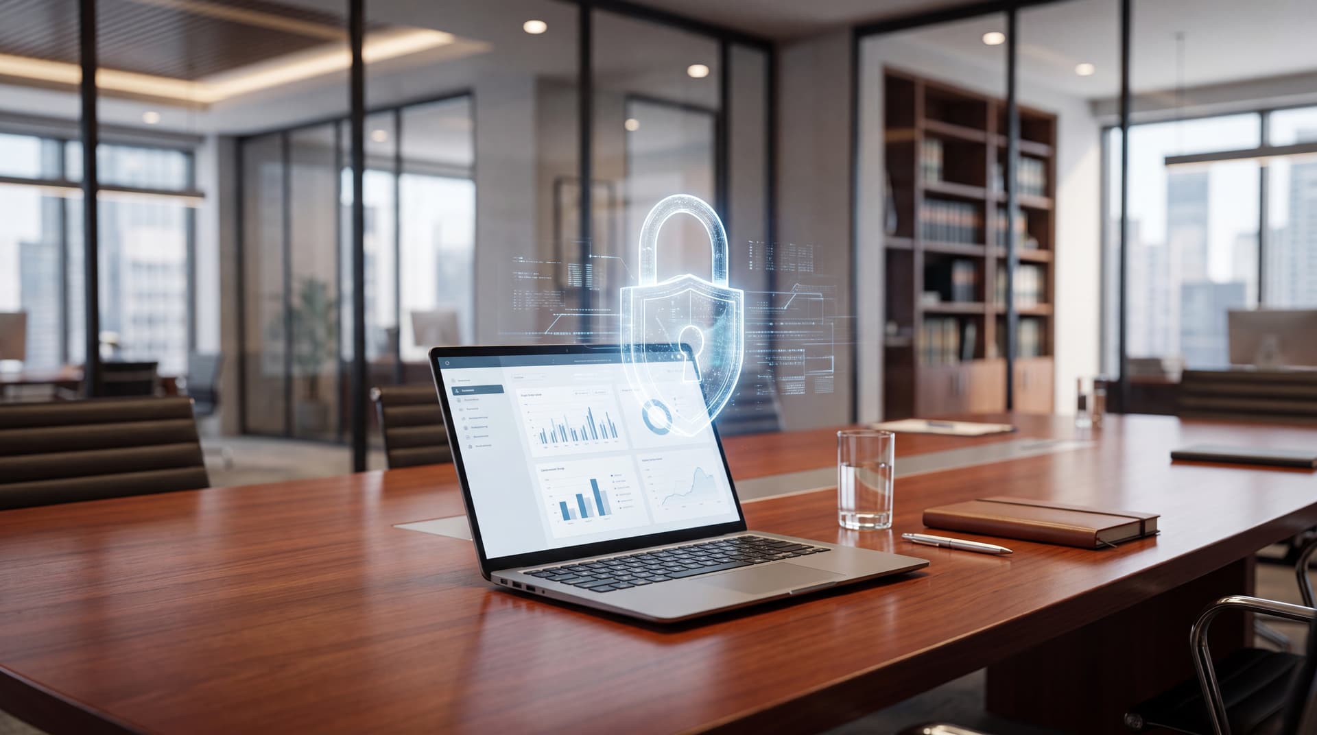 Modern law office boardroom with a laptop displaying secure data encryption concepts.