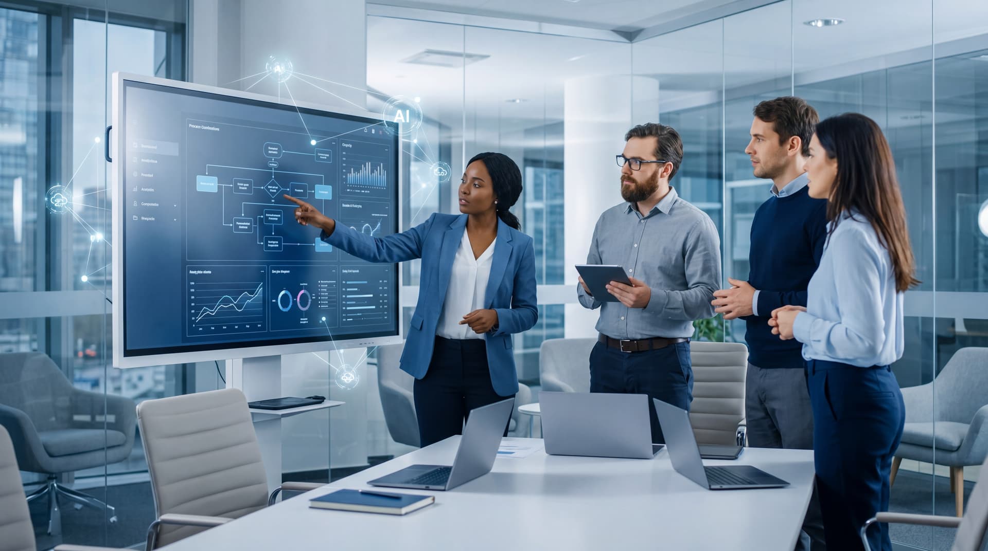 Professionals analyzing AI data visualizations on a digital display in a modern boardroom.