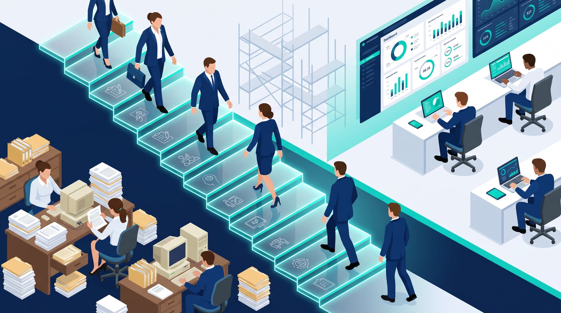 A structured timeline illustration showing a progressive, step-by-step business digital transformation journey.