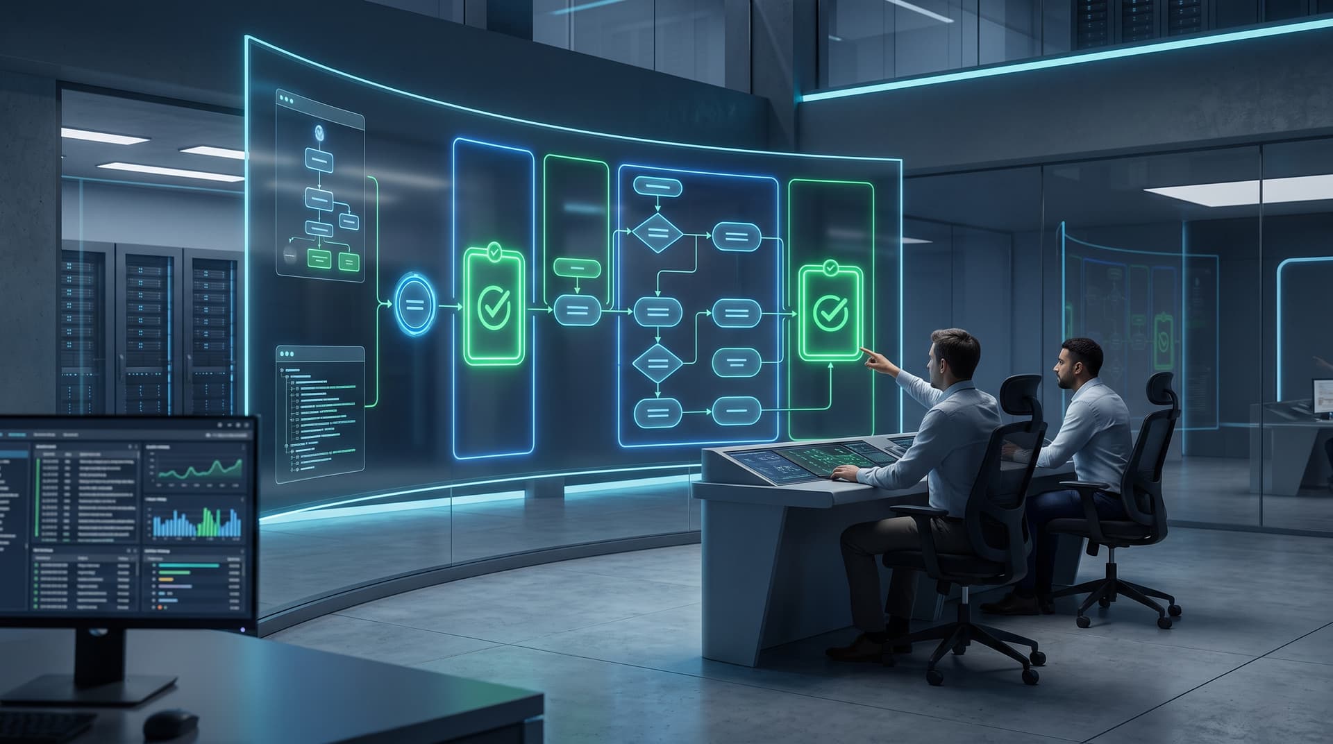 Diagrammatic visual of governed AI agent workflow featuring interactive human approval gates, security boundaries, and real-time audit logging.