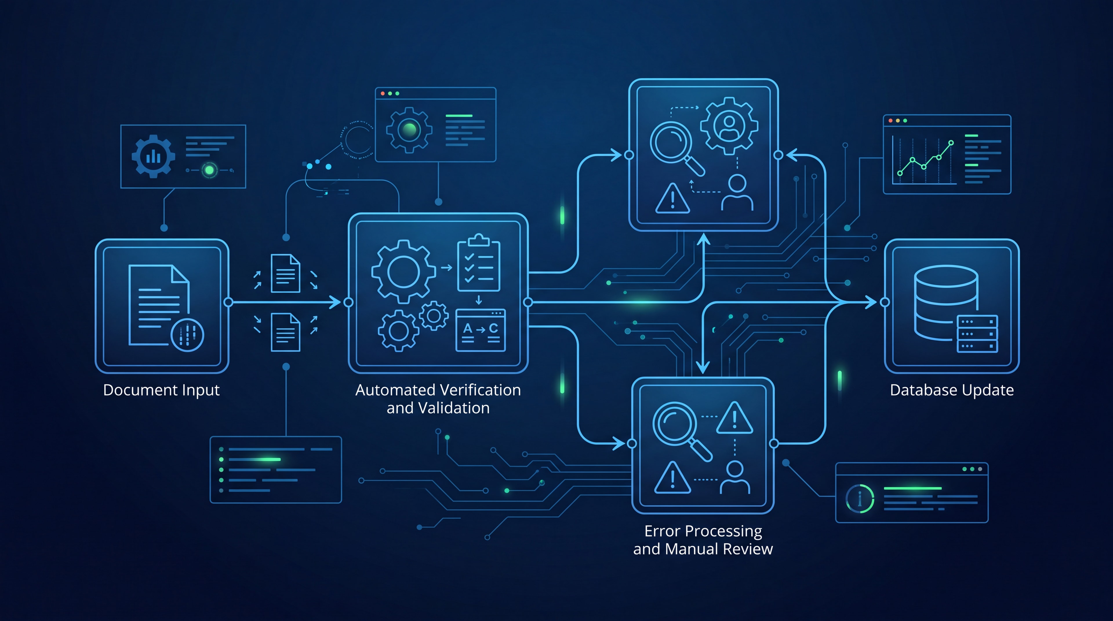 Technical process diagram showing an automated RPA execution pipeline with exception handling paths.